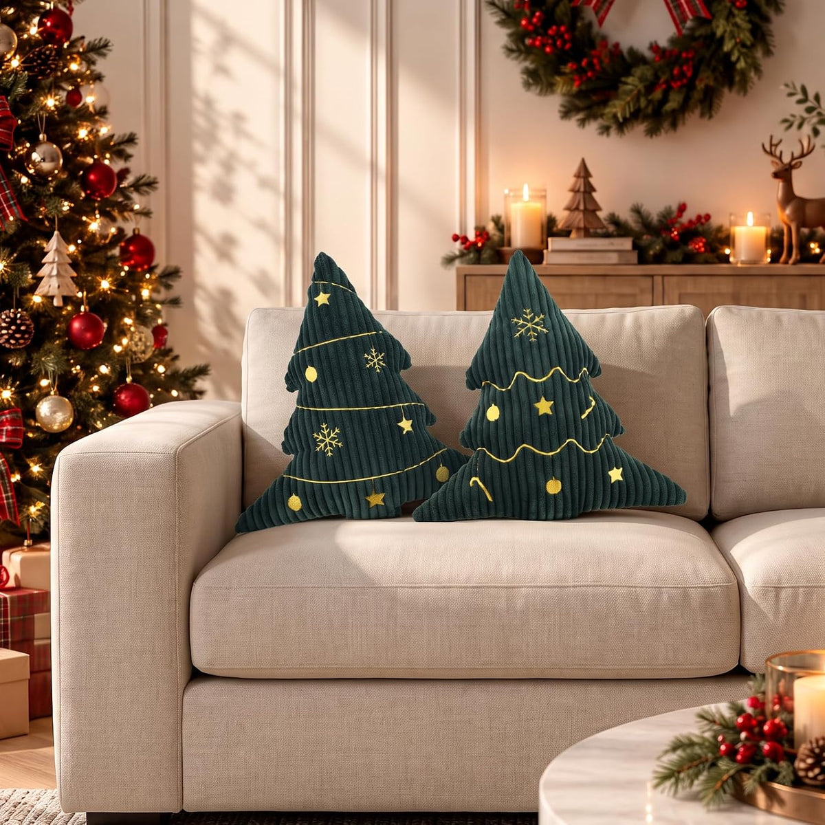 Soft Corduroy Embroidered Christmas Tree Pillows Set of 2 Green 14x16 Inch