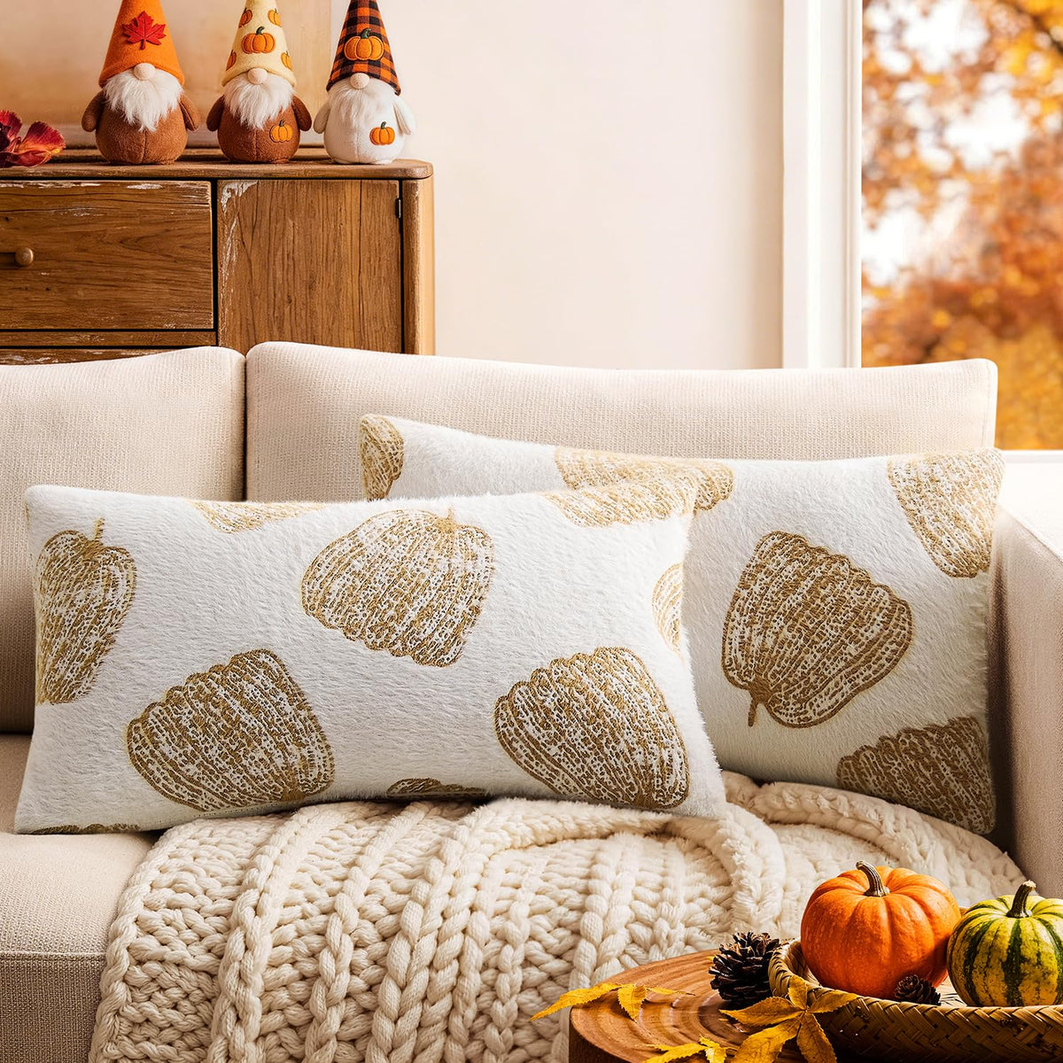 Throw Pillow Covers Set of 2 18x18 White Pumpkins Fall Camel Covers, Soft Faux Decorative Yellow Covers for Couch Sofa Bed Living Room, Farmhouse Home Boho Decor
