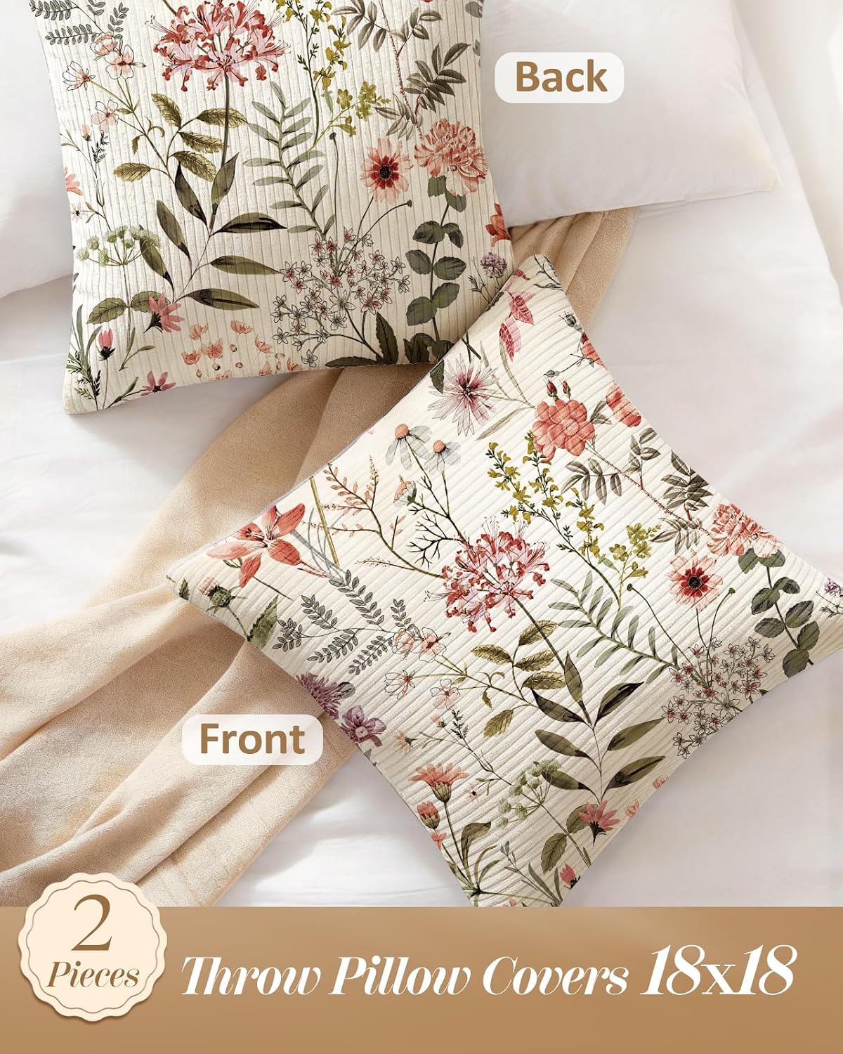 Corduroy Throw Pillow Covers 18x18 - Set of 2 Decorative Spring Pillow Covers with Zipper Farmhouse Decor Cottage Throw Pillowcases for Couch Sofa Living Room Home Bedroom, PK Floral