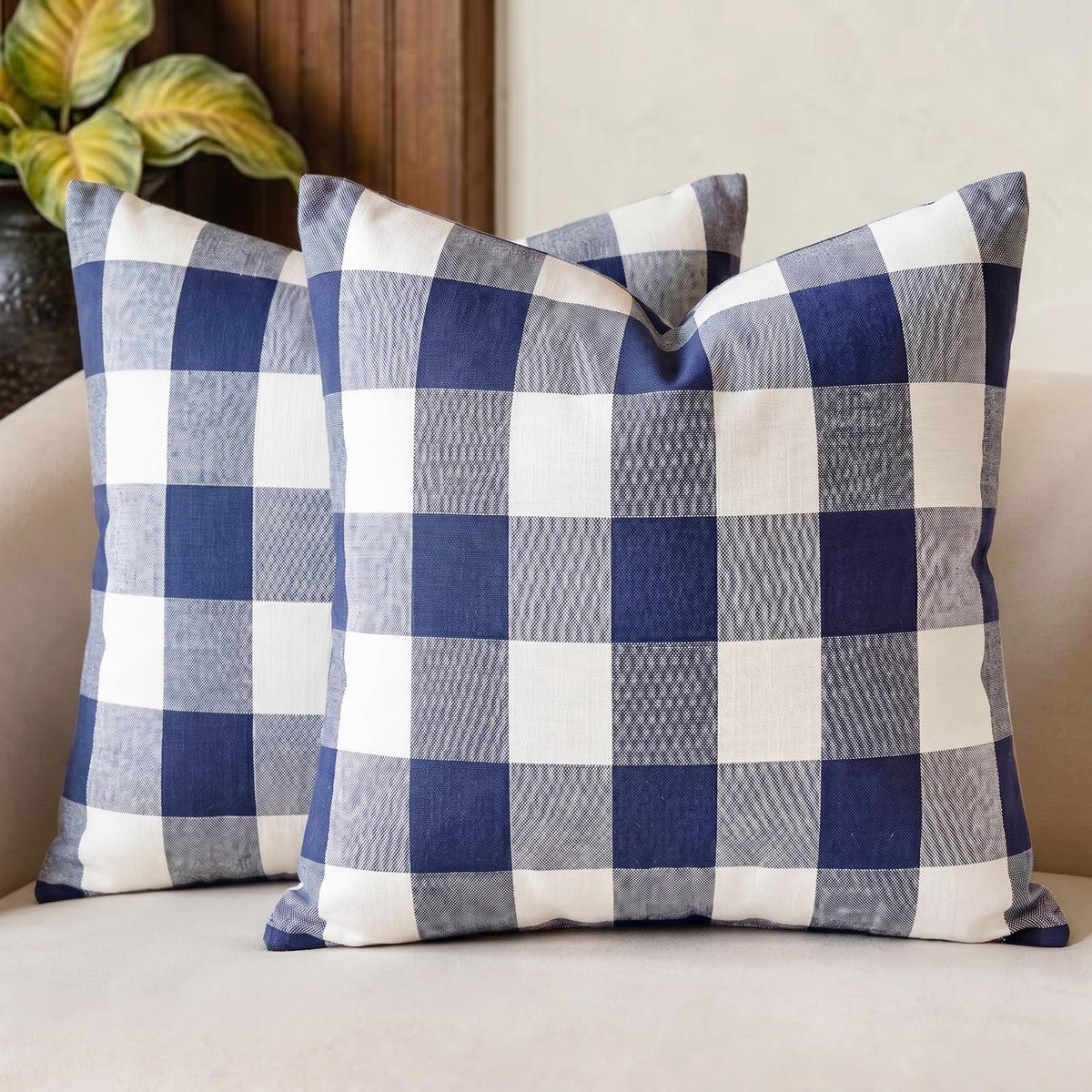 Farmhouse Brown Gingham Checkered Plaid Throw Pillow Covers 20x20 Set of 2