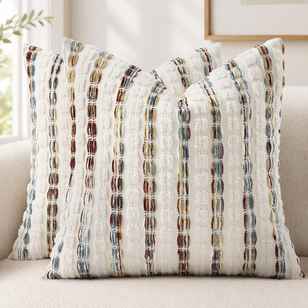 decorUhome Chenille Tufted Stripe Throw Pillow Covers 18x18 Set of 2 Green