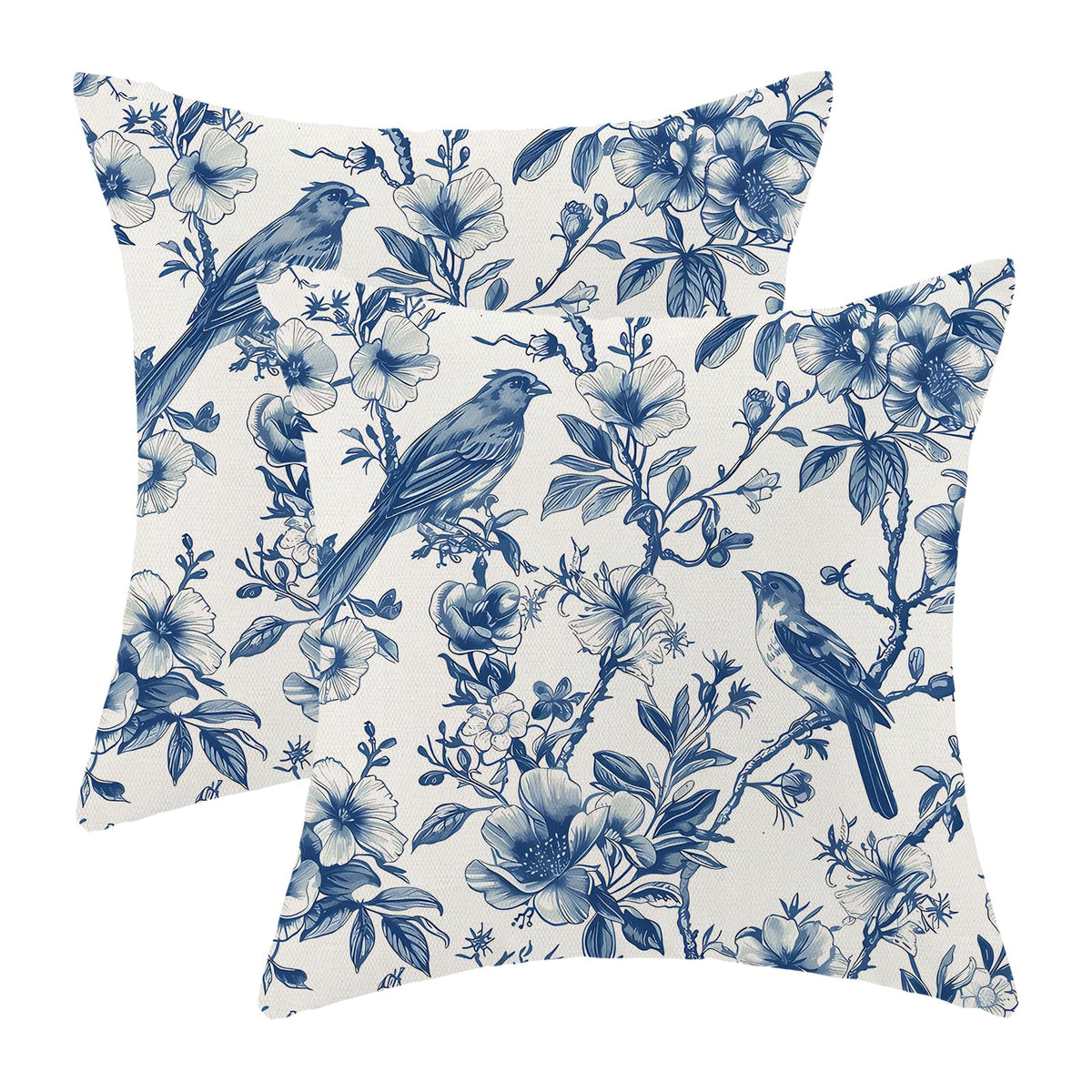 CXMEIFLY Spring Floral Birds Pillow Covers 22 x 22 Inch Set of 2 for Chinoiserie Flowers Decor Throw Pillows Blue and White Plant Outdoor Decorative Cushion Cases for Couch Bed Decorations