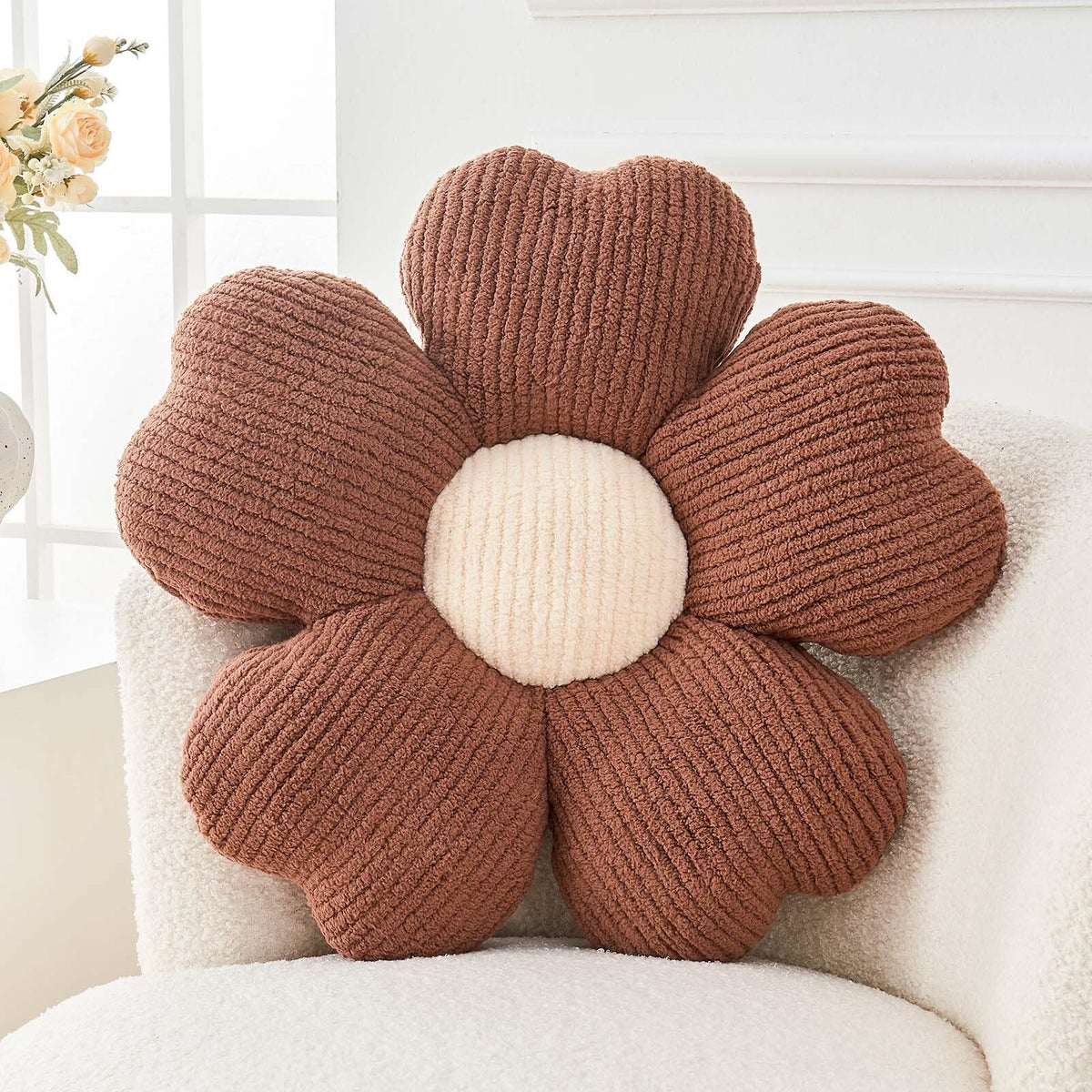 Kcvvcr Flower Throw Pillow, Cute Flower Shaped Pillow Decorative Throw Pillow for Bed Couch, Soft Daisy Pillows Floor Seating Cushion Cushions (14.9 Inch Ivory+Brown)