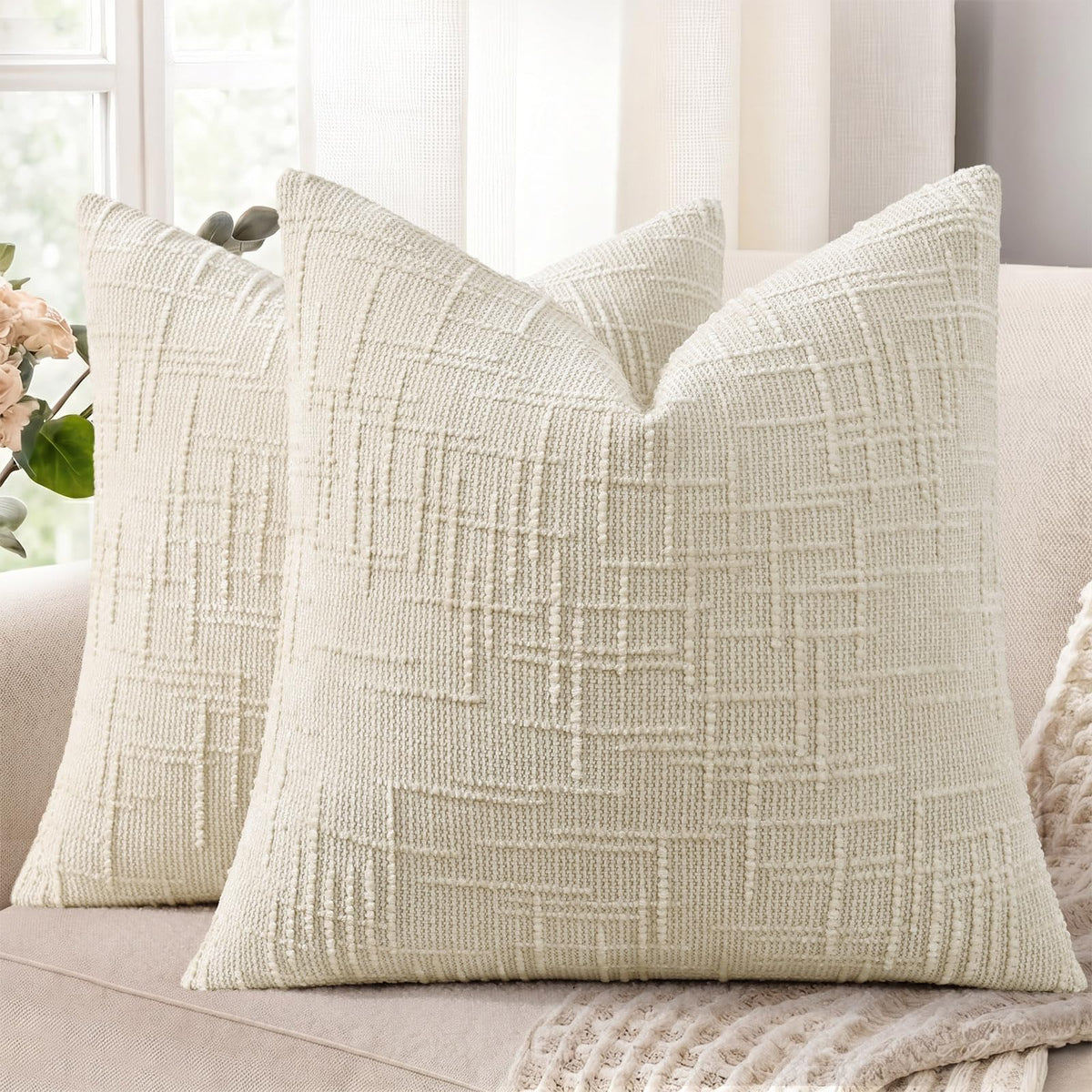 decorUhome Textured Chenille Throw Pillow Covers 18x18 Set of 2 Ivory