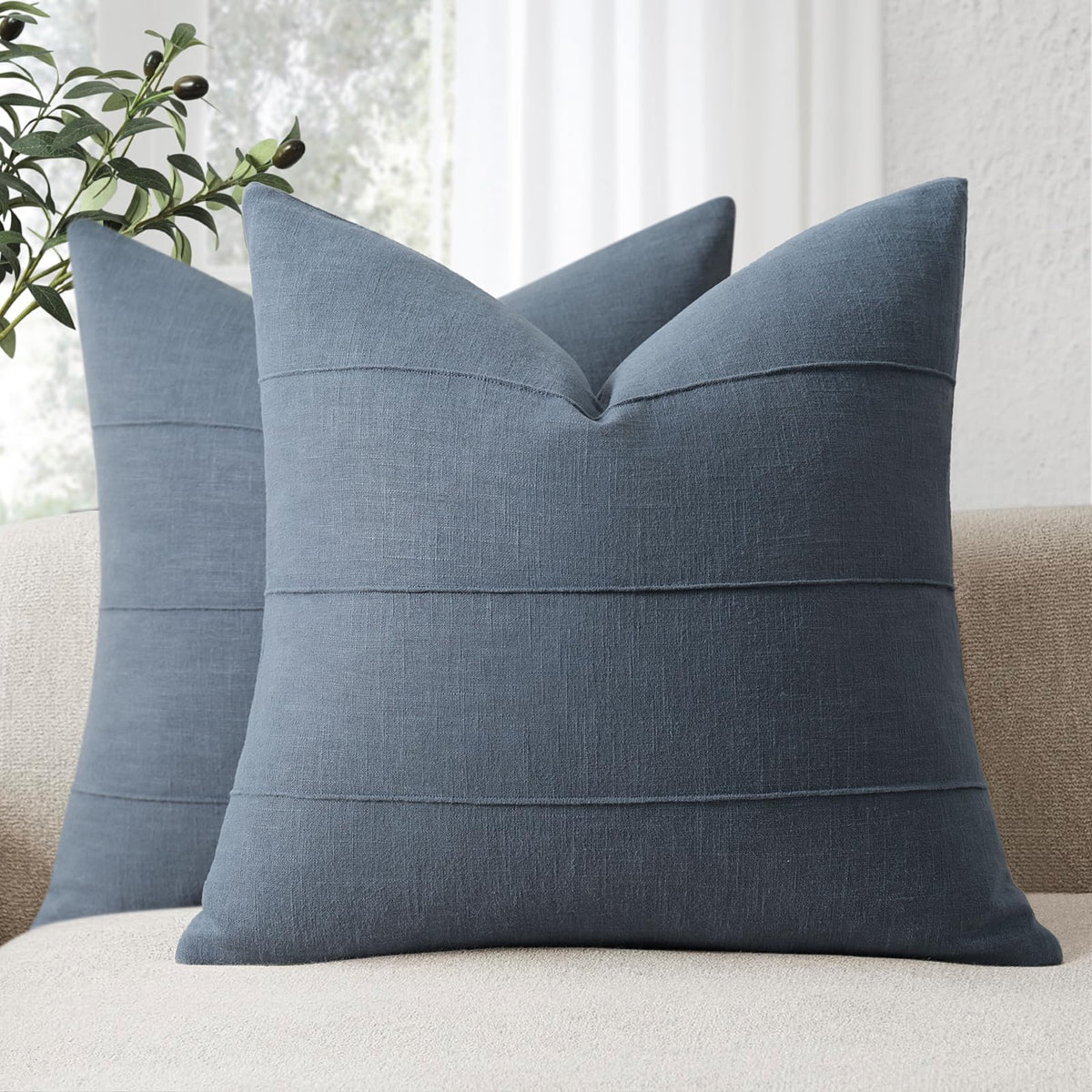 Decorative Linen Throw Pillow Covers 18x18 Set of 2 Solid handcrafted Striped Cushion Covers for Bed Soft Modern Farmhouse Neutral Pillowcase for Couch Bedroom Living Room Home Decor(Cream White)