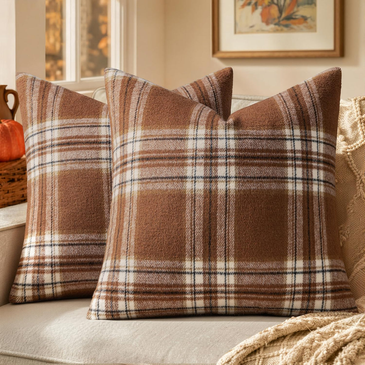 MIULEE Fall Plaid Decorative Pillow Covers Set of 2 18x18 Rust
