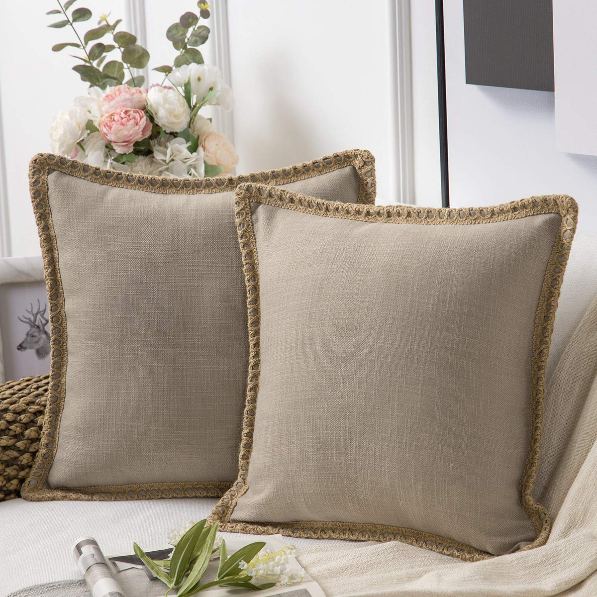 Phantoscope Pack of 2 Coastal Aqua Pillow Covers 18x18, Textured Polyester with Rope Trim, Fade Resistant Vintage Turquoise Blue Decorative Cushion Cases, Hidden Zipper, Farmhouse Boho Beach Decor