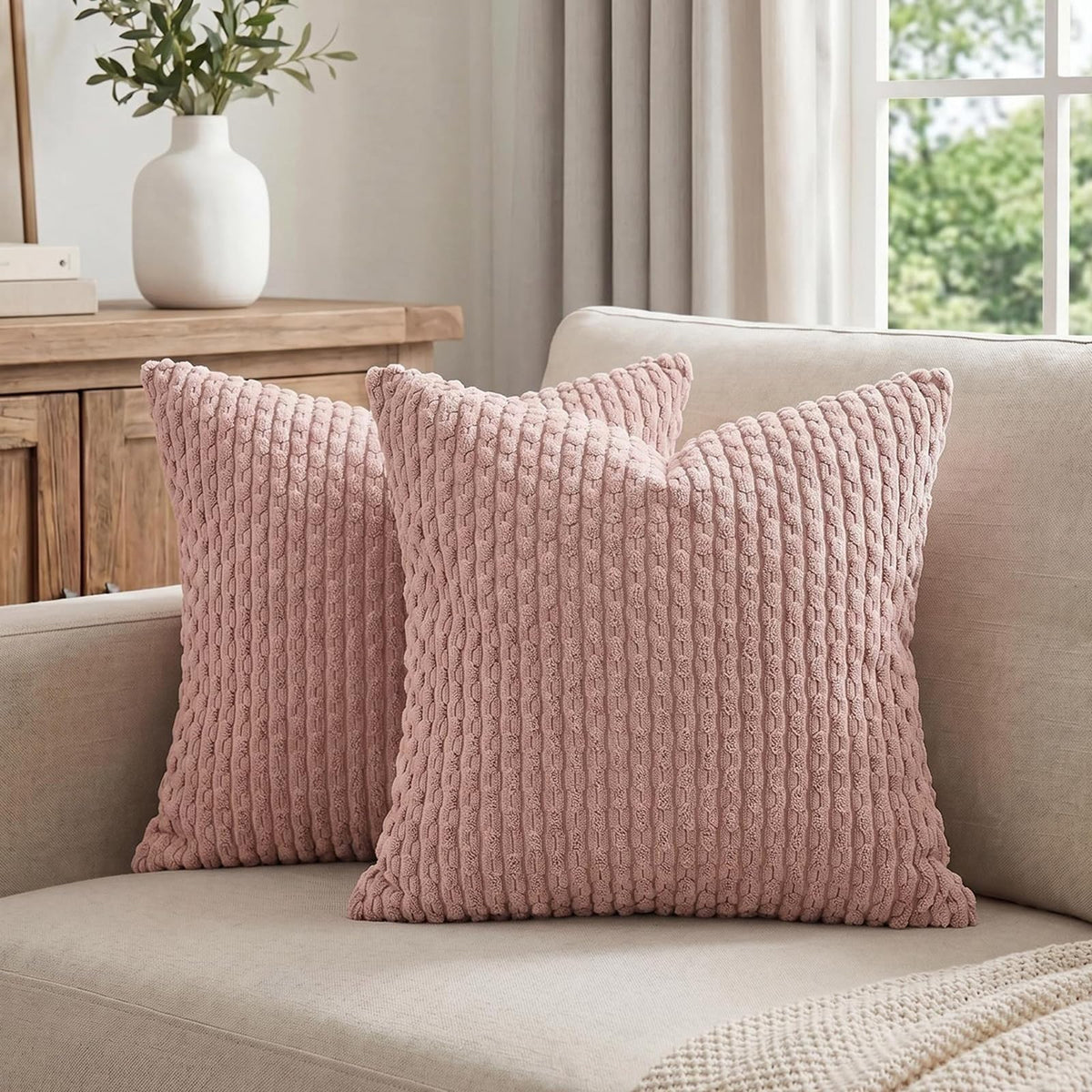 Fancy Homi 2 Packs Blush Pink Decorative Throw Pillow Covers 18x18 Inch for Couch Bed Sofa, Modern Farmhouse Boho Home Decor, Soft Cute Plush Corduroy Cushion Case 45x45 cm