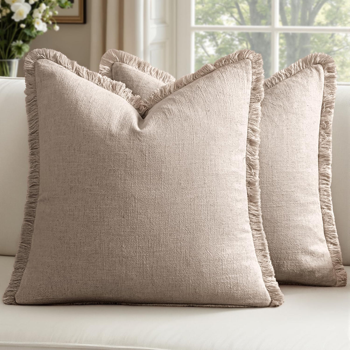 Linen Fringe Throw Pillow Covers 20x20 Inch Set of 2,Navy Blue