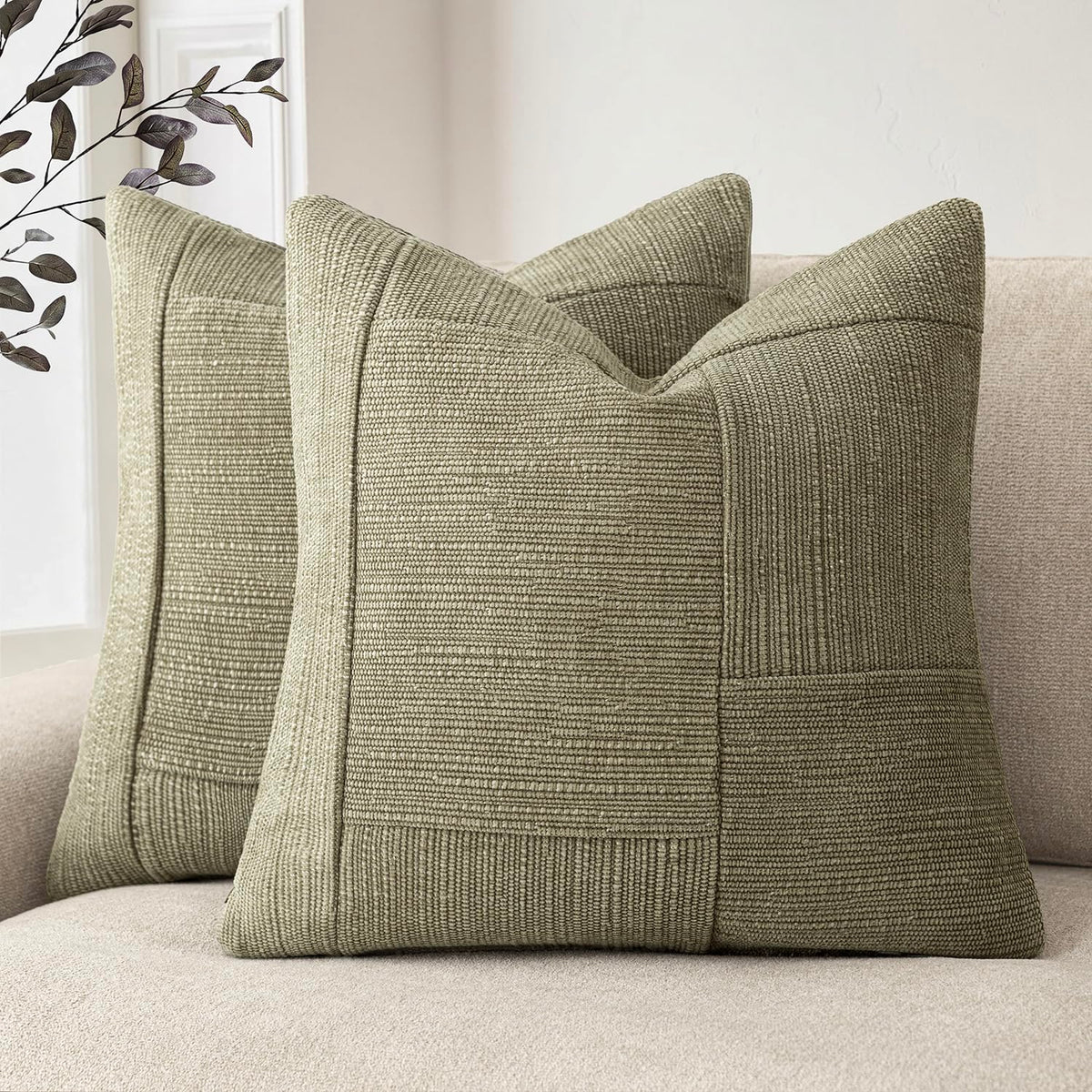 Foindtower Set of 2 Decorative Patchwork Chenille Throw Pillow Covers Textured Modern Vintage Cushion Cover Neutral Boho Accent Home Decor for Sofa Chair Couch Bed Living Room,20×20 Inch,Taupe Gray