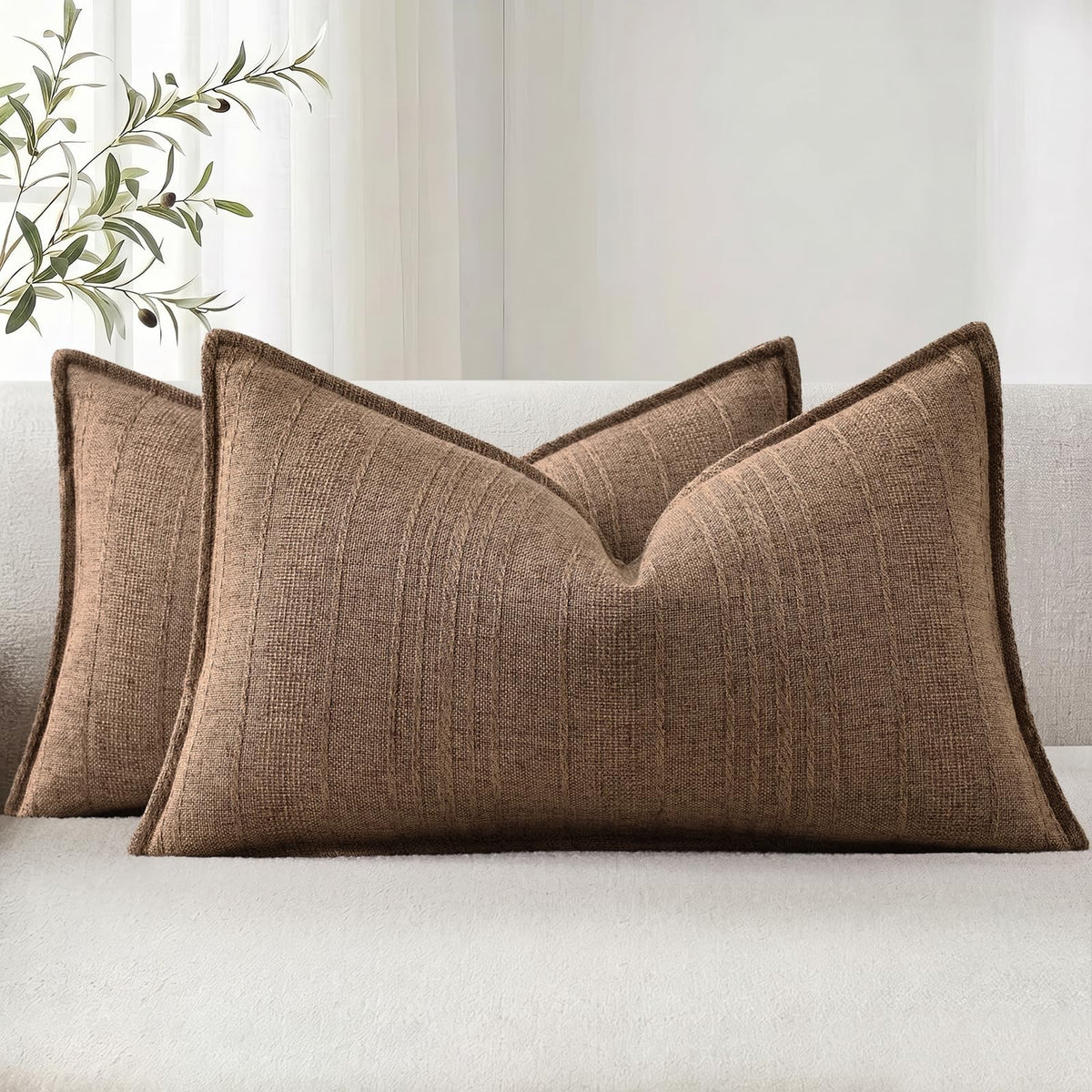 decorUhome Sage Green Textured Linen Throw Pillow Covers 18x18 Set of 2