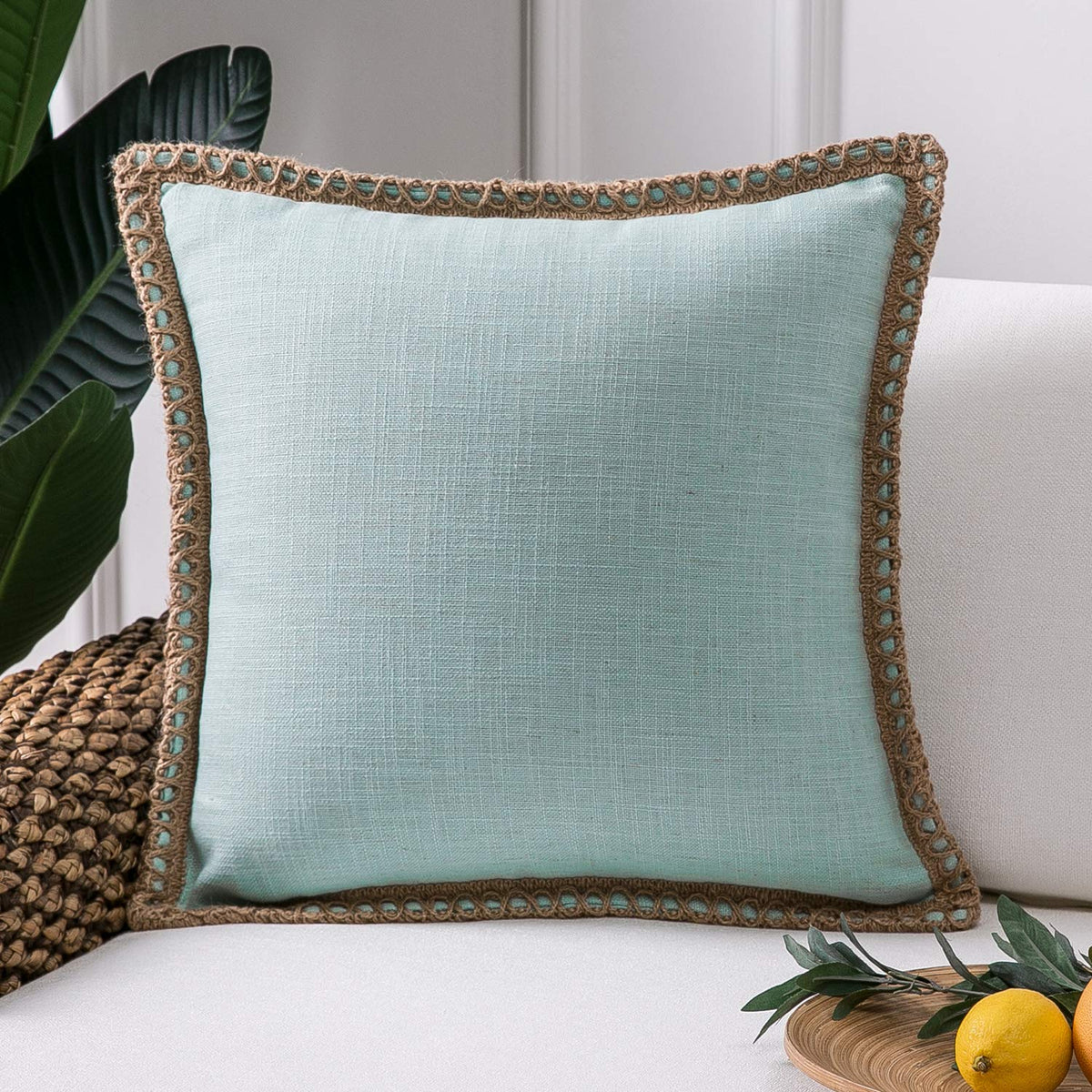 Phantoscope Pack of 2 Coastal Aqua Pillow Covers 18x18, Textured Polyester with Rope Trim, Fade Resistant Vintage Turquoise Blue Decorative Cushion Cases, Hidden Zipper, Farmhouse Boho Beach Decor