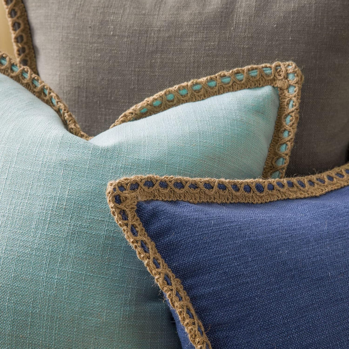 Phantoscope Pack of 2 Coastal Aqua Pillow Covers 18x18, Textured Polyester with Rope Trim, Fade Resistant Vintage Turquoise Blue Decorative Cushion Cases, Hidden Zipper, Farmhouse Boho Beach Decor