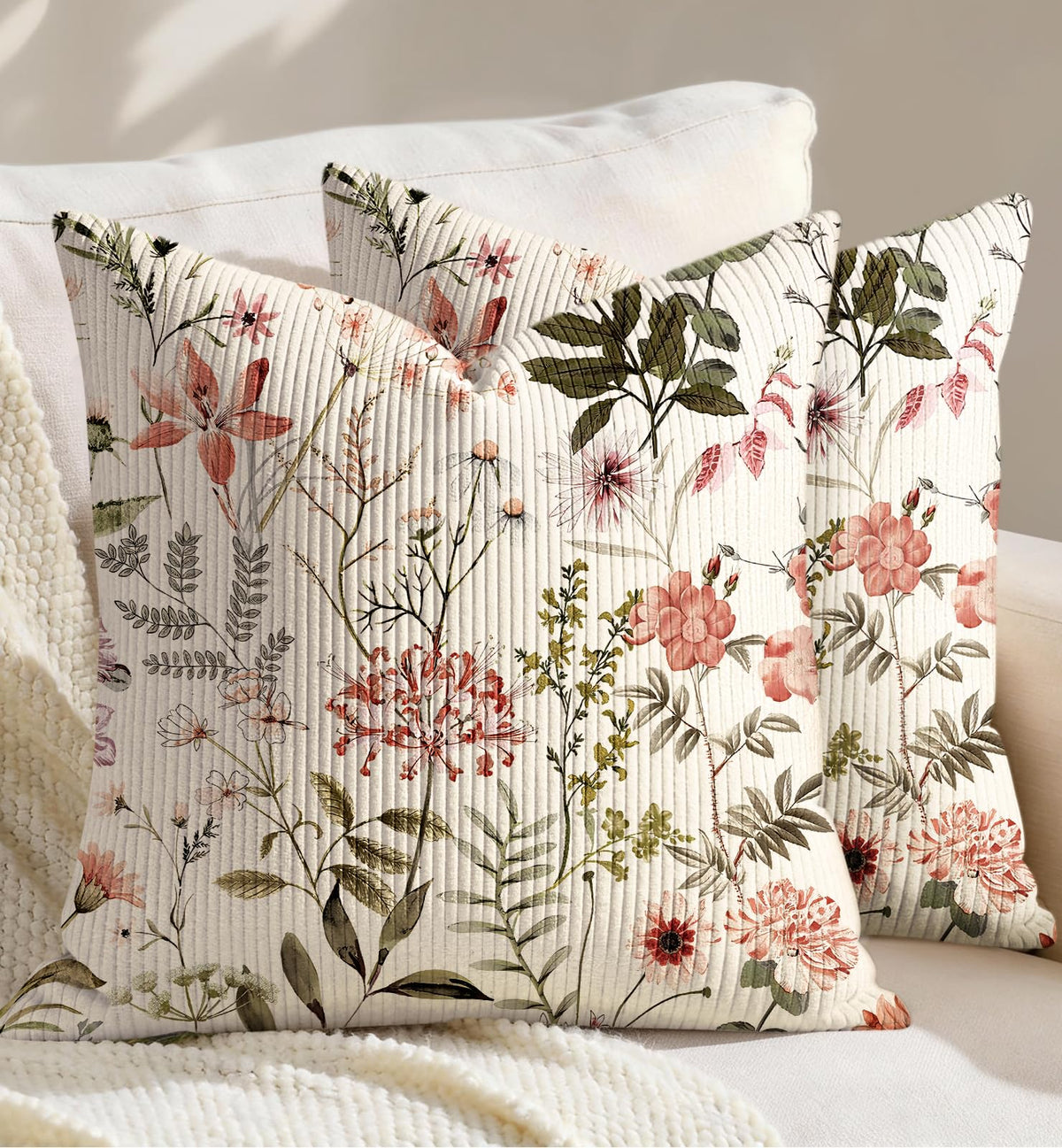 Corduroy Throw Pillow Covers 18x18 - Set of 2 Decorative Spring Pillow Covers with Zipper Farmhouse Decor Cottage Throw Pillowcases for Couch Sofa Living Room Home Bedroom, PK Floral