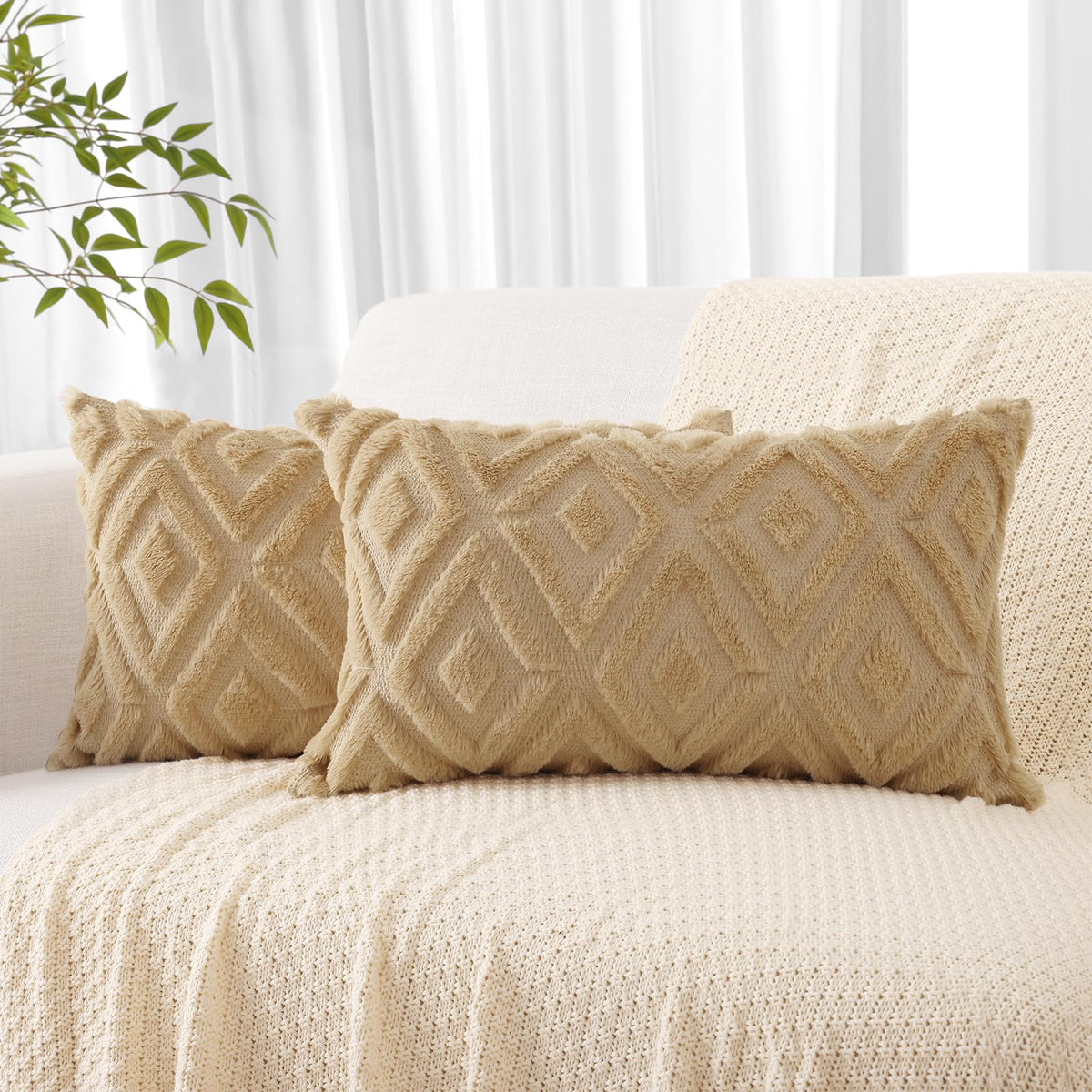 Pallene Fall Cream White Faux Fur Throw Pillow Covers 18x18 Set of 2