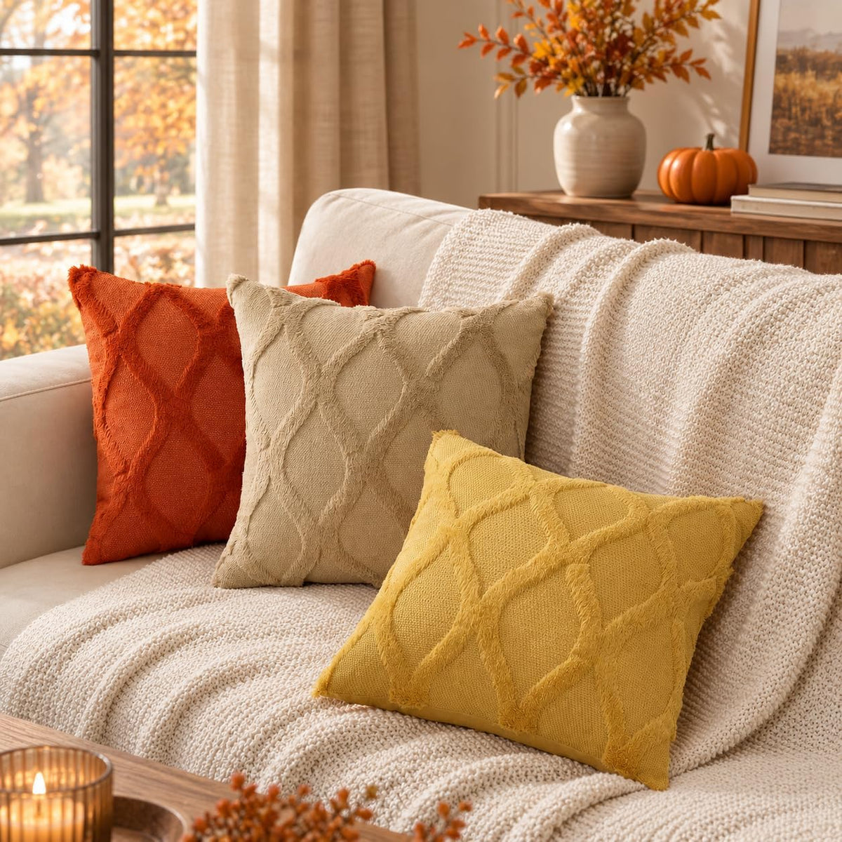 decorUhome Fall Throw Pillow Covers 18x18 Inch Set of 2, Soft Plush Faux Fur Wool Rust Couch Pillow Covers, Decorative Neutral Pillow Cases for Bed Sofa Living Room Home Decor