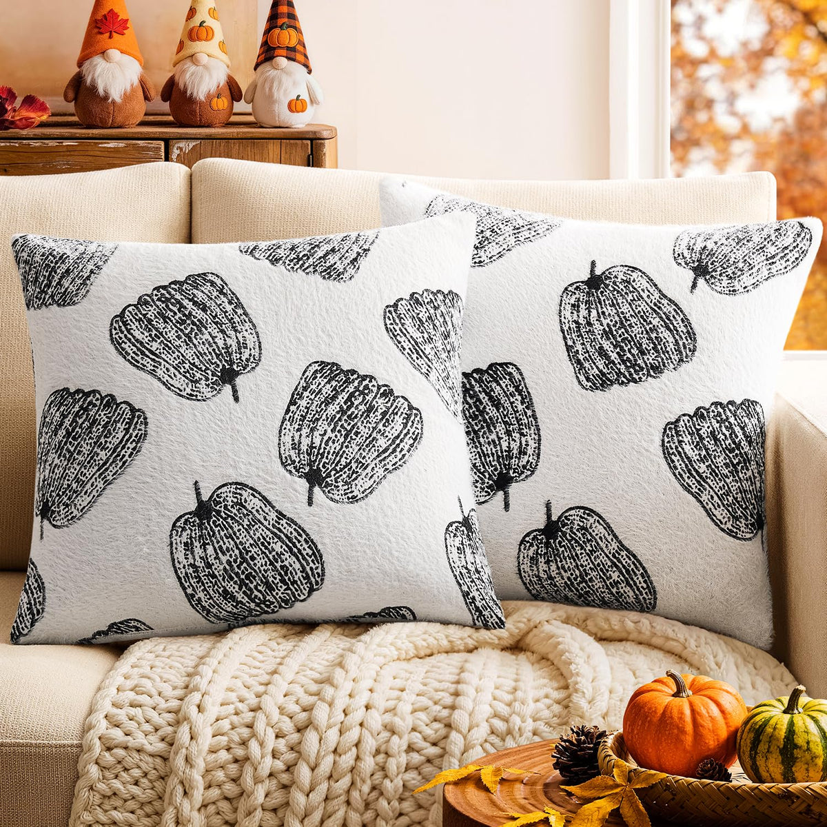 Throw Pillow Covers Set of 2 18x18 White Pumpkins Fall Camel Covers, Soft Faux Decorative Yellow Covers for Couch Sofa Bed Living Room, Farmhouse Home Boho Decor