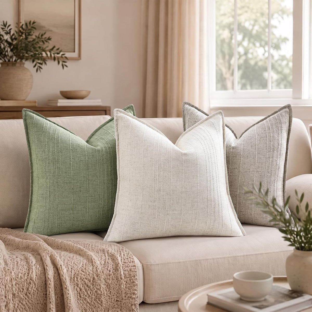 decorUhome Sage Green Textured Linen Throw Pillow Covers 18x18 Set of 2