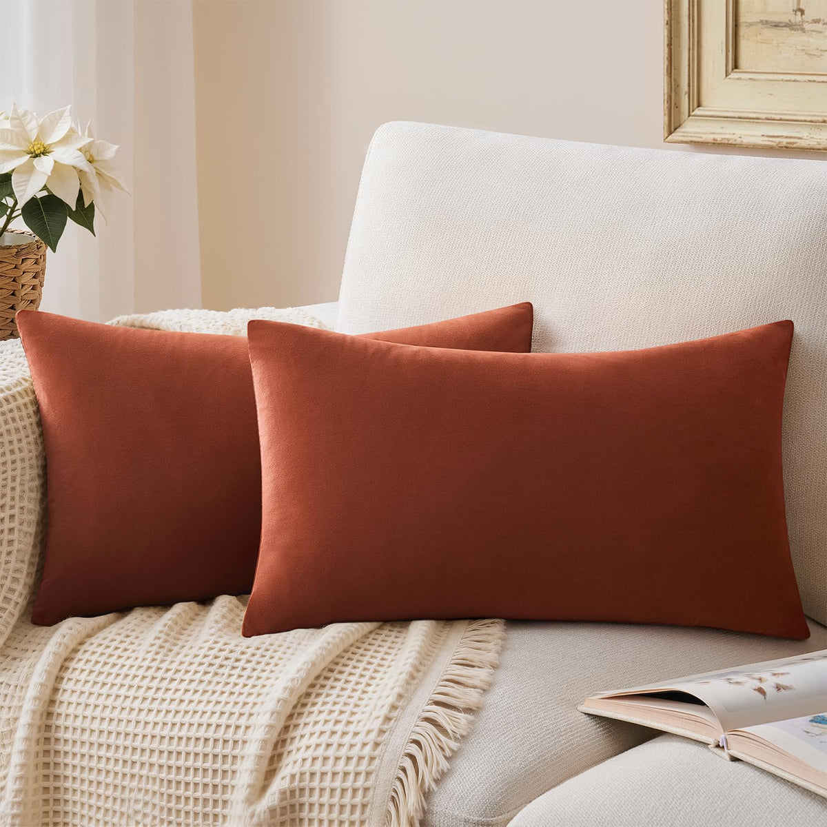 Throw Pillow Covers Rust Set of 2 18x18 Inch Pillow Covers, Soft Velvet Fall Decorative Cases for Couch Sofa Bed, Home Boho Decor, Modern Farmhouse Cushion Covers