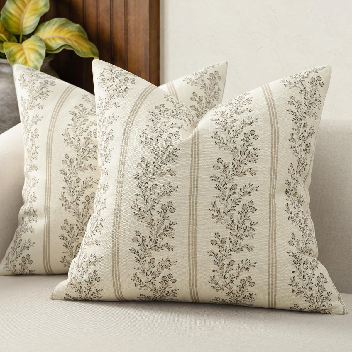 Vintage Throw Pillow Covers 20x20 Set of 2, Striped Floral Pillow Cover Botanical Patterned Decorative Cushion Covers Modern Farmhouse Home Decor for Sofa Couch Bed Living Room, Light Blue