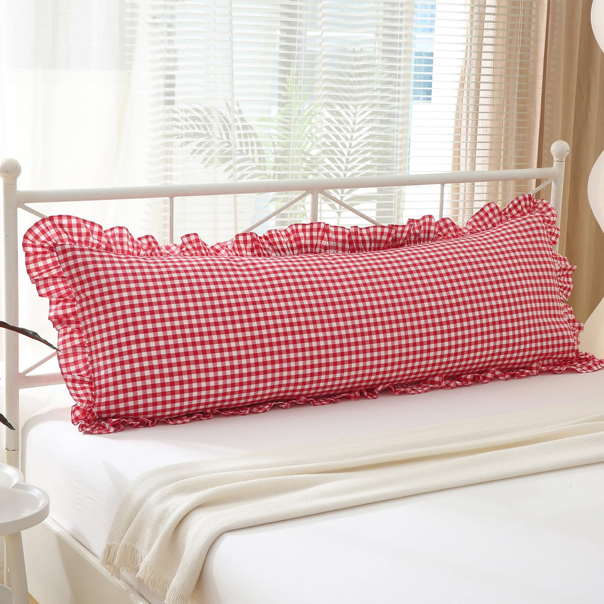 2 Pack Taupe White Gingham Ruffle Throw Pillow Covers 18''x18''