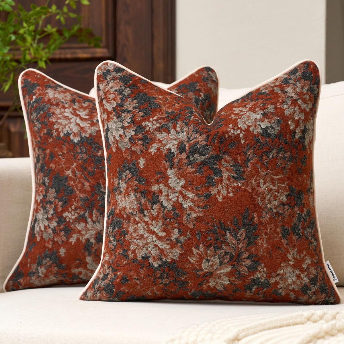 FANAMI Vintage Floral Lumbar Throw Pillow Covers 12x20 Set of 2 Boho Farmhouse Accent Pillowcase Neutral Modern Chenille Rectangle Decorative Cushion Covers for Couch Bed Living Room Home Decor, Rust