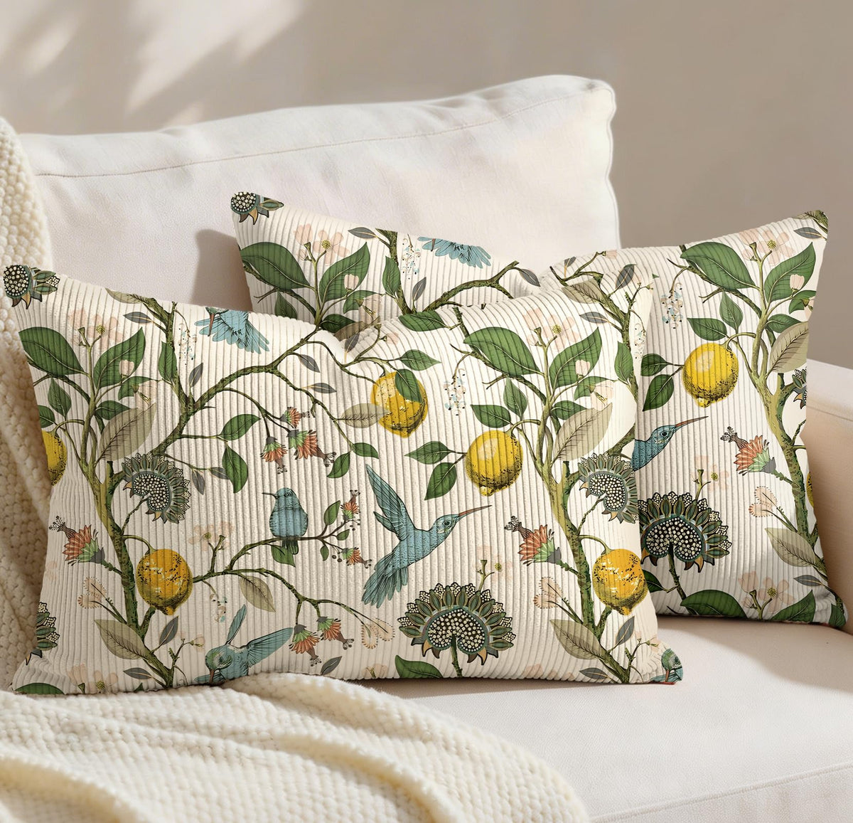 Corduroy Throw Pillow Covers 18x18 - Set of 2 Decorative Spring Pillow Covers with Zipper Farmhouse Decor Cottage Throw Pillowcases for Couch Sofa Living Room Home Bedroom, PK Floral