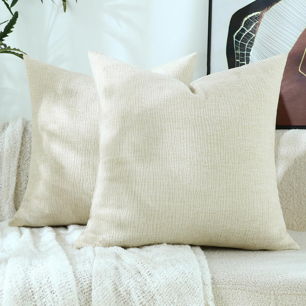 Stellhome Pack of 2 Soft Textured Throw Decorative Pillow Covers Square Accent Solid Cushion Cover Cozy Farmhouse Pillow Case for Couch Sofa Bedroom Living Room 18x18 Inch, Natural Beige