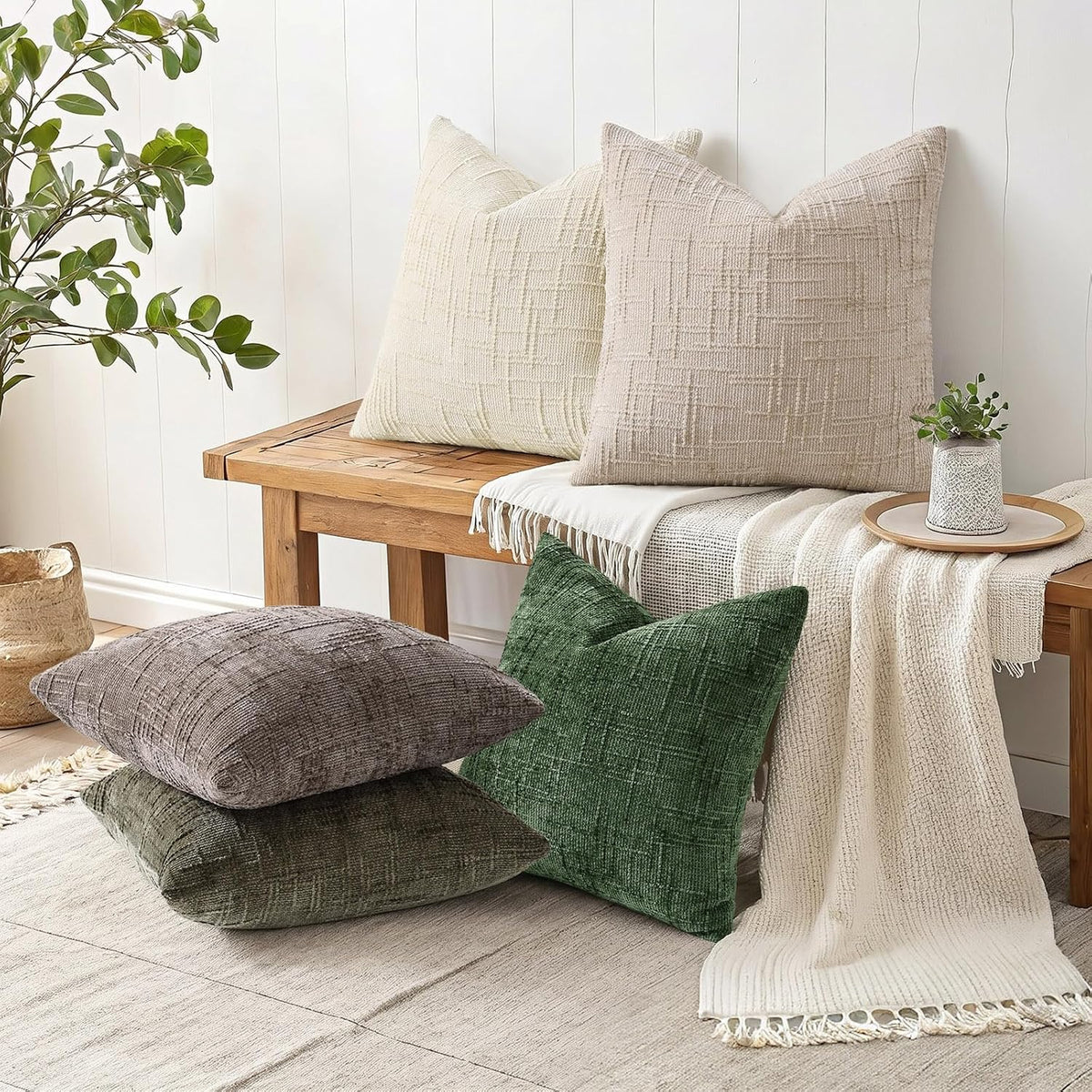 decorUhome Textured Chenille Throw Pillow Covers 18x18 Set of 2 Ivory