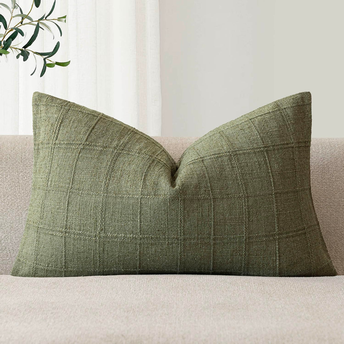 Foindtower Set of 1 Decorative Linen Check Throw Pillow Cover Neutral Farmhouse Lumbar Cushion Cover Modern Boho Home Decor for Sofa Chair Couch Bedroom Living Room,12×20 Inch,Olive Green