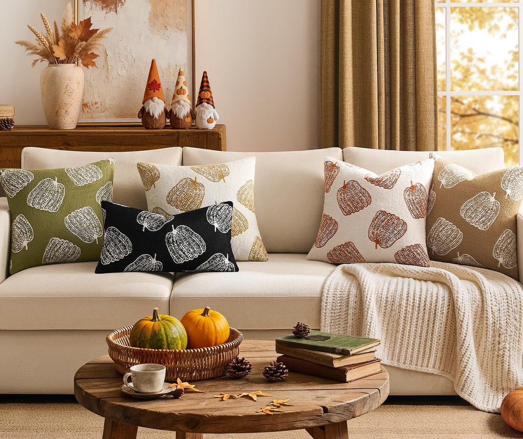 Throw Pillow Covers Set of 2 18x18 White Pumpkins Fall Camel Covers, Soft Faux Decorative Yellow Covers for Couch Sofa Bed Living Room, Farmhouse Home Boho Decor