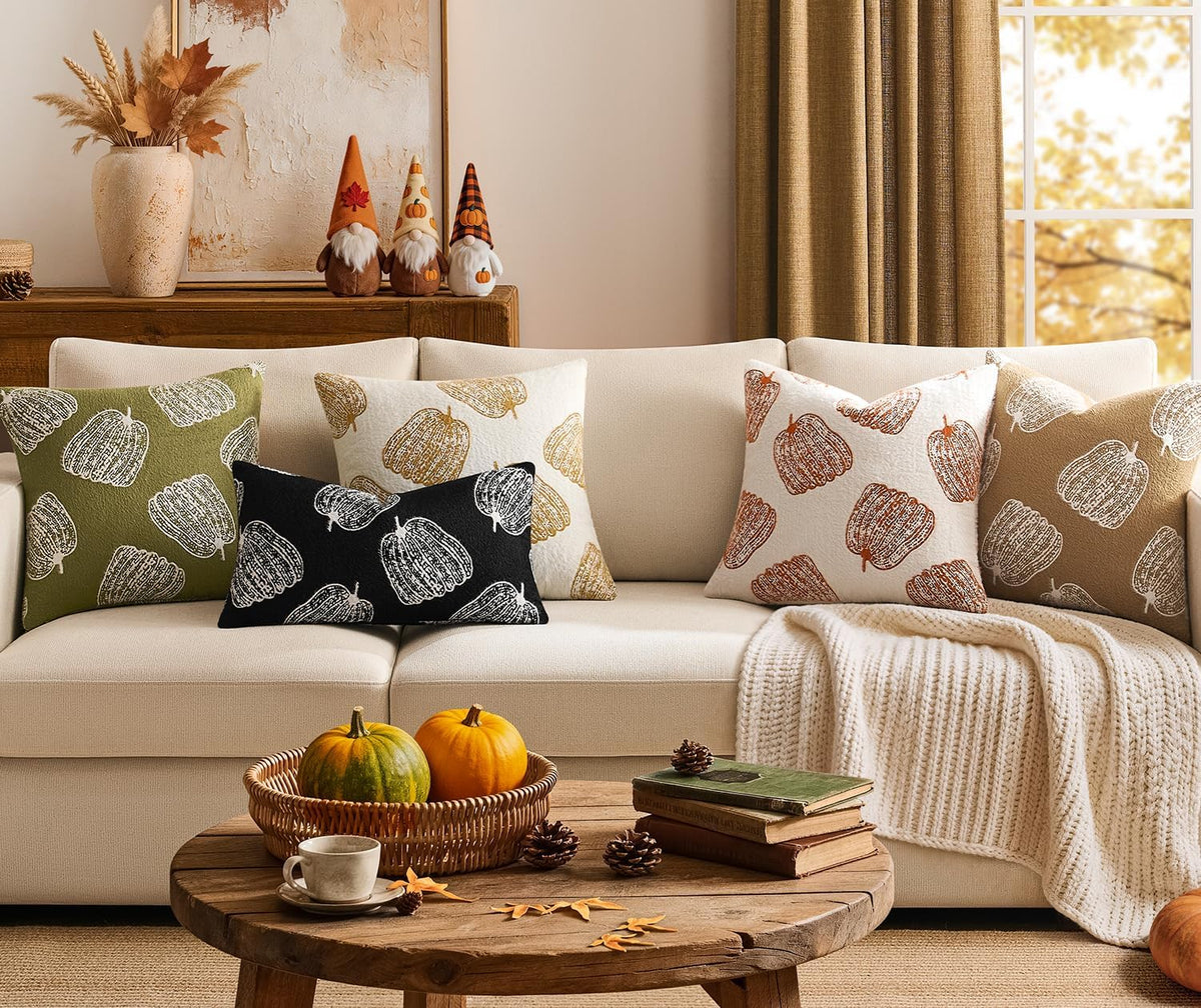 Throw Pillow Covers Set of 2 18x18 White Pumpkins Fall Camel Covers, Soft Faux Decorative Yellow Covers for Couch Sofa Bed Living Room, Farmhouse Home Boho Decor
