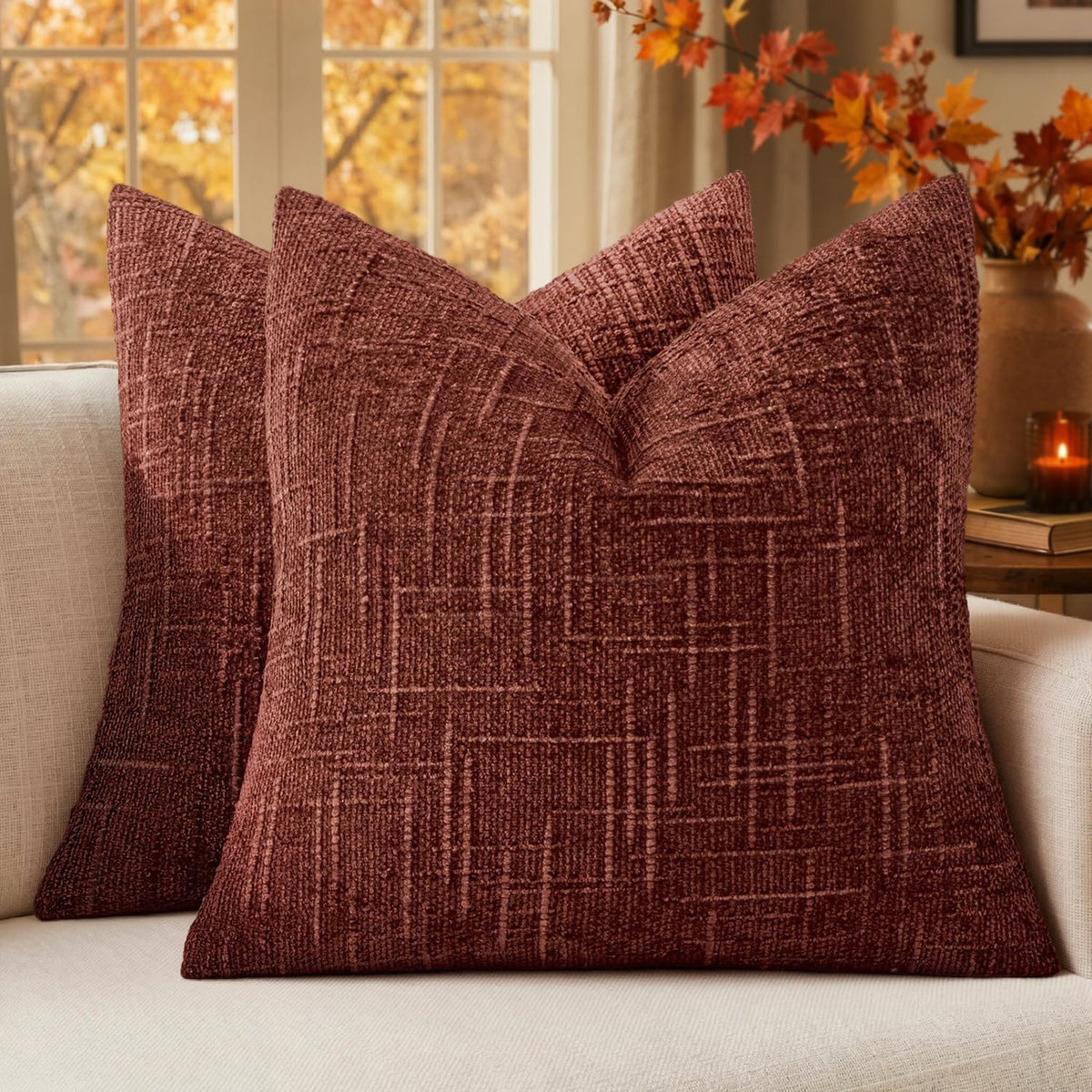 MIULEE Chenille Textured Throw Pillow Covers Cream White 18x18 Set of 2