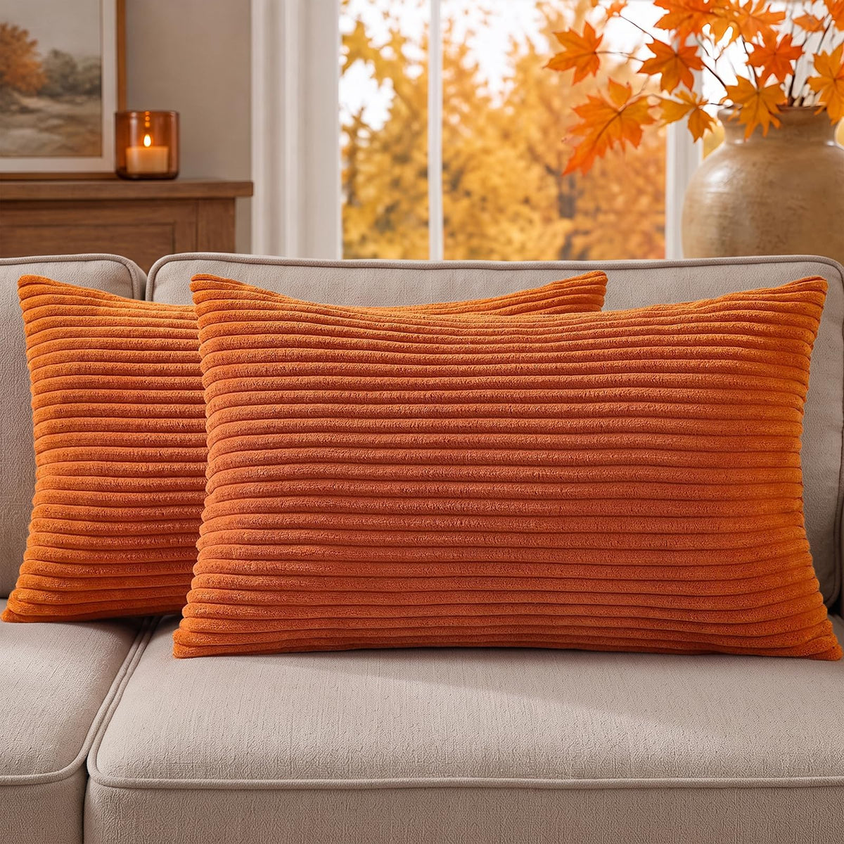 Mecatny Corduroy Fall Throw Pillow Covers 18x18 Set of 2 Cream White