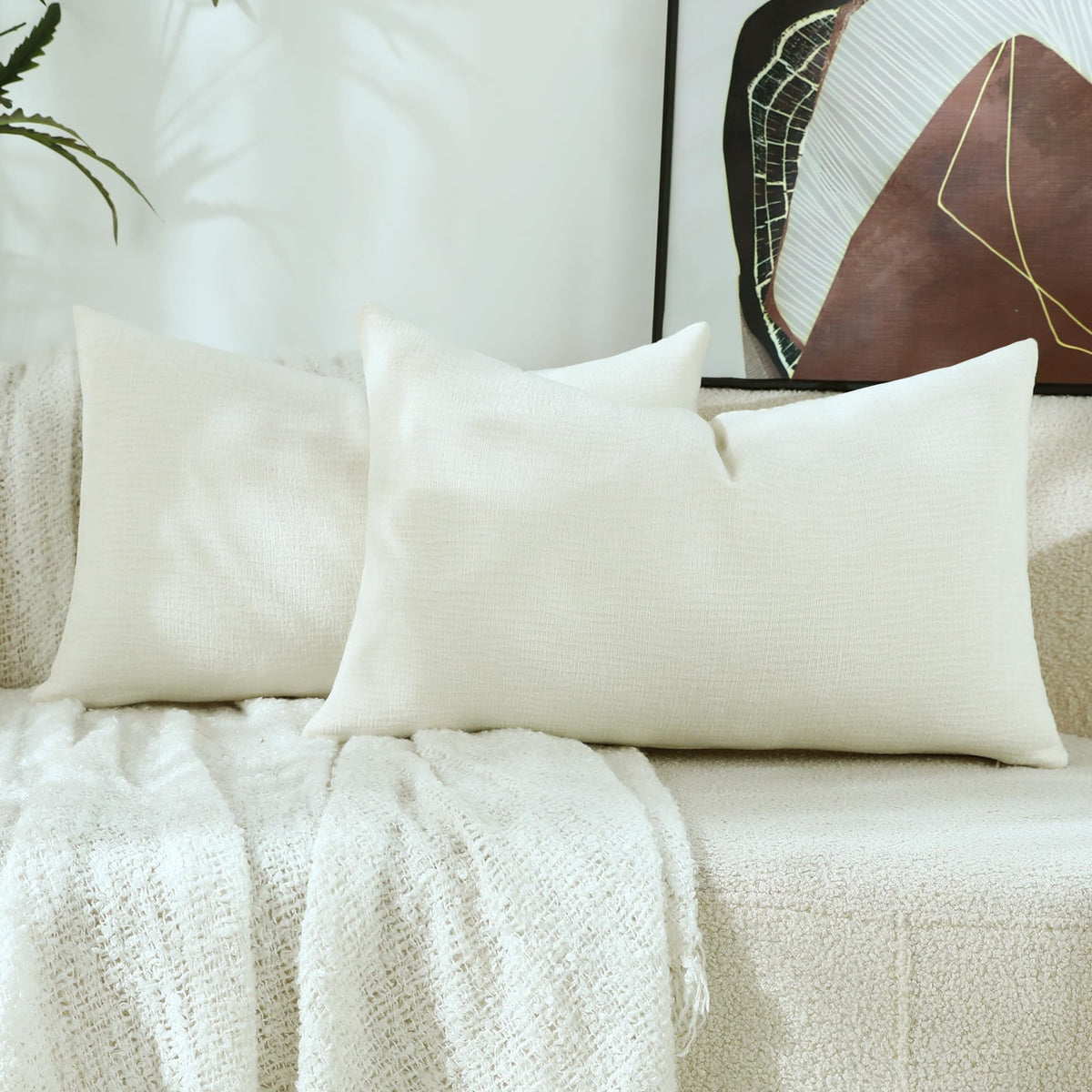 Stellhome Pack of 2 Soft Textured Throw Decorative Pillow Covers Square Accent Solid Cushion Cover Cozy Farmhouse Pillow Case for Couch Sofa Bedroom Living Room 18x18 Inch, Natural Beige
