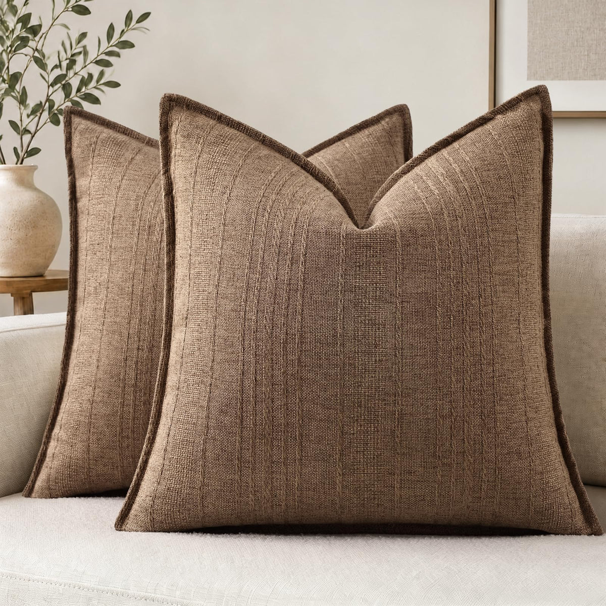 decorUhome Sage Green Textured Linen Throw Pillow Covers 18x18 Set of 2