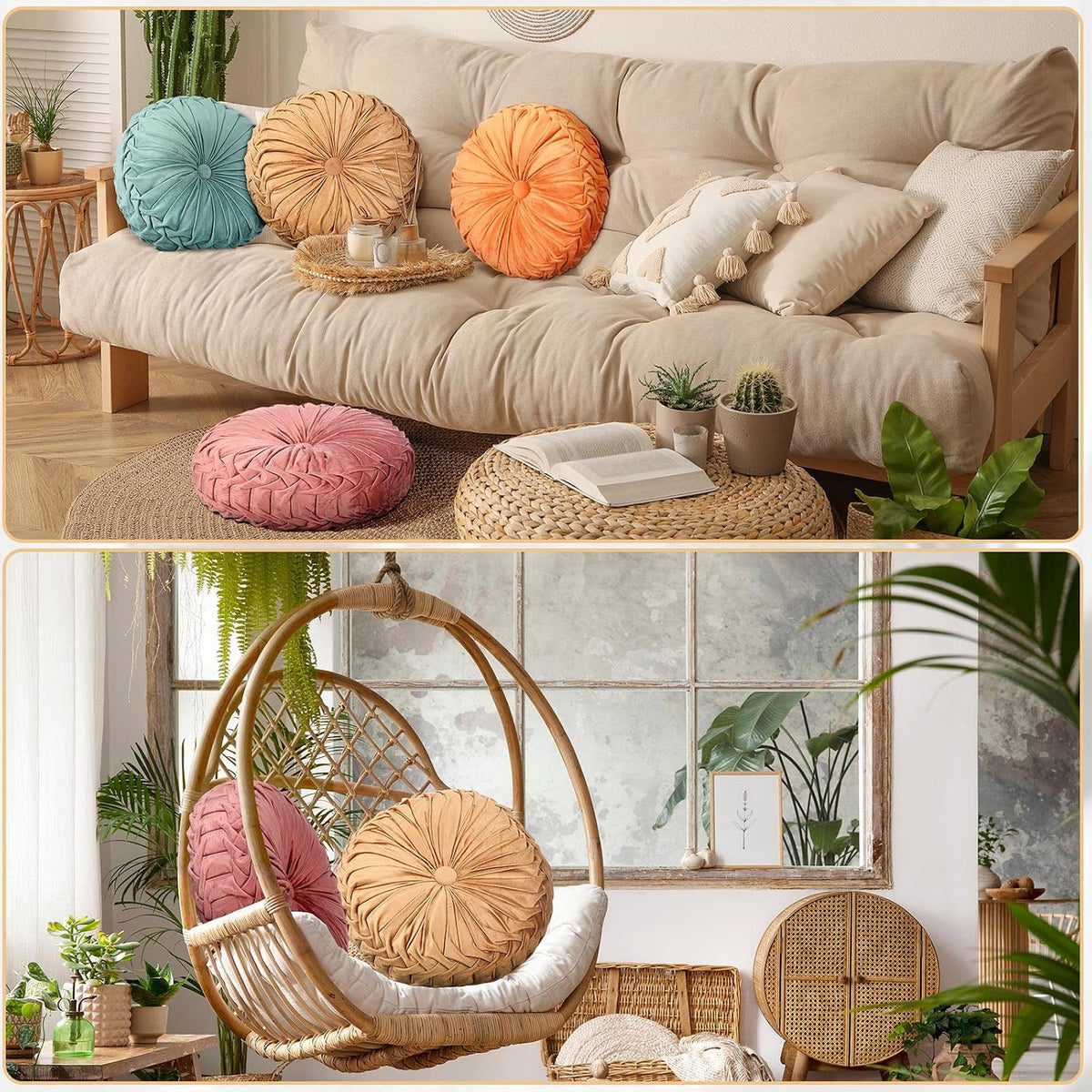 Kathfly 4 Pcs Round Throw Pillows Velvet Pleated Pillows, Vintage Colors