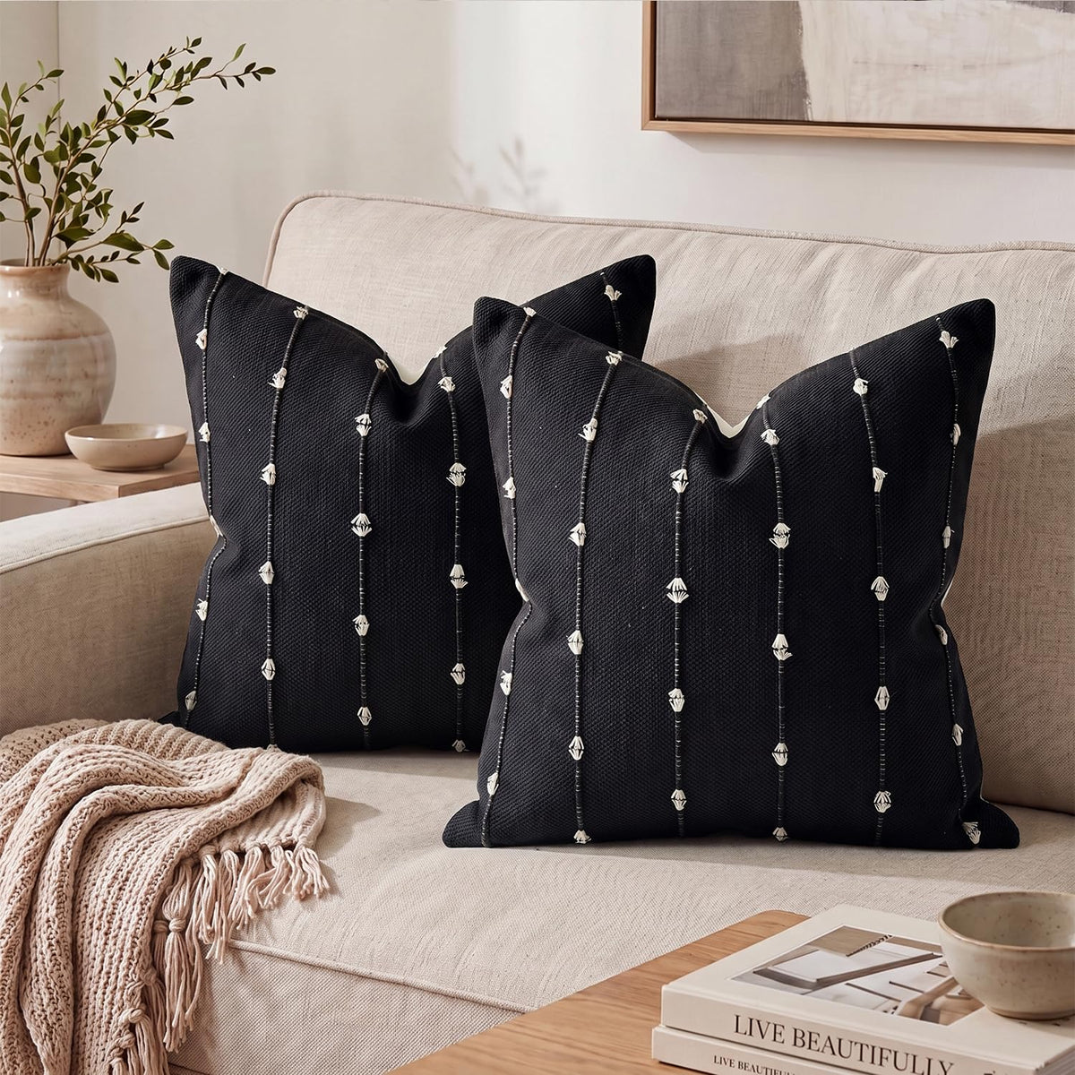 AVOIN colorlife Beige Black Boho Linen Throw Pillow Covers 18x18 Inch 2PC