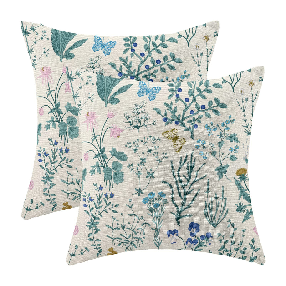 AEIOAE Spring Pillow Covers 18x18 Inch Set of 2,Blue Teal Wild Flower Plant Throw Pillows Case,Seasonal Floral Outdoor Decorative Square Linen Farmhouse Decor Cushion Covers for Home Sofa Bed Couch
