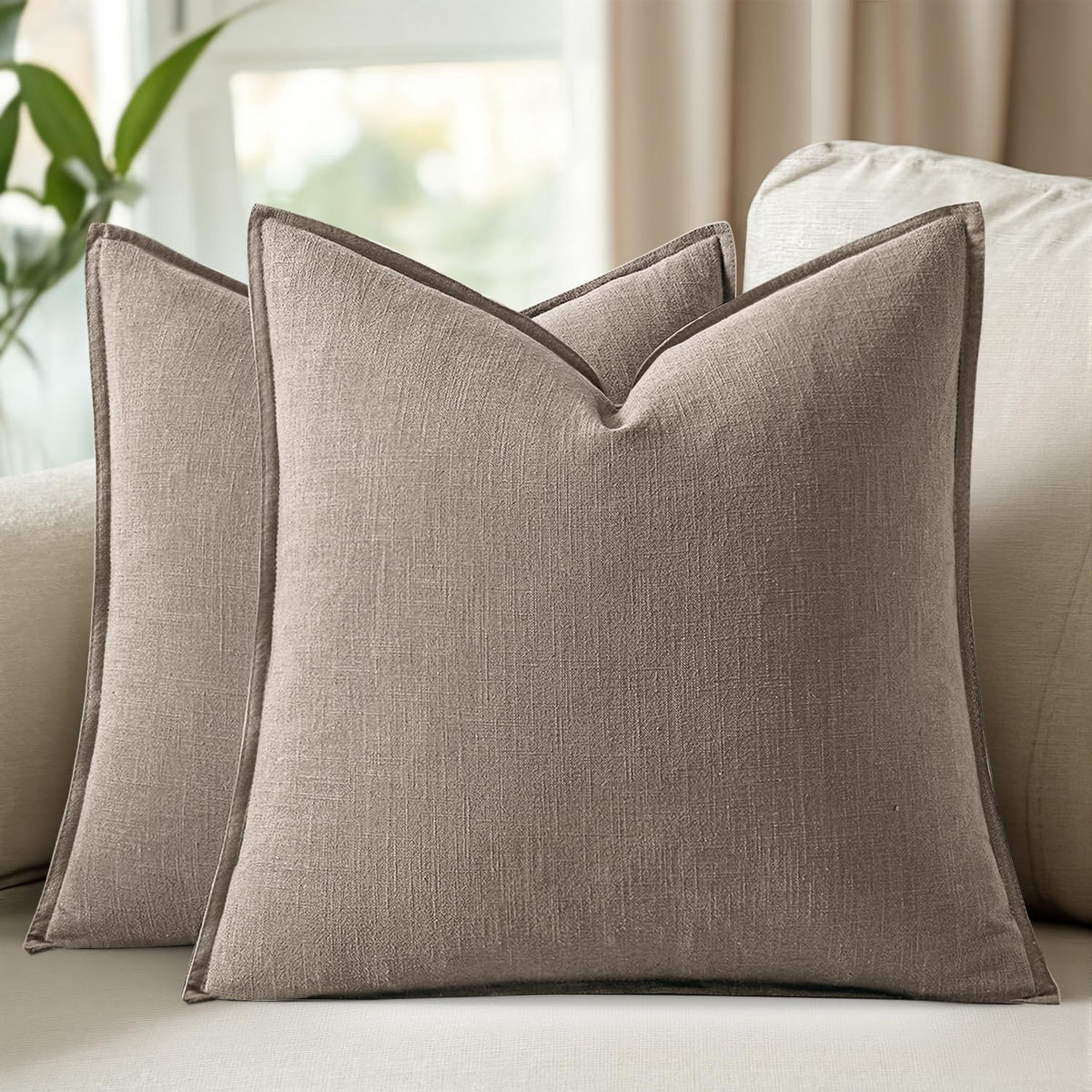 Set of 2 Linen Solid Throw Pillow Covers 20x20 Inch Dark Olive Green