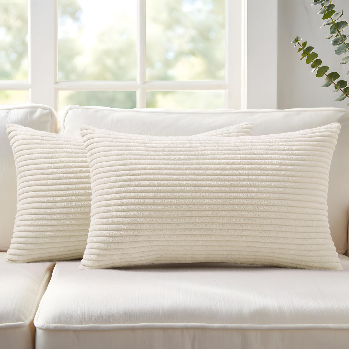 Mecatny Corduroy Fall Throw Pillow Covers 18x18 Set of 2 Cream White