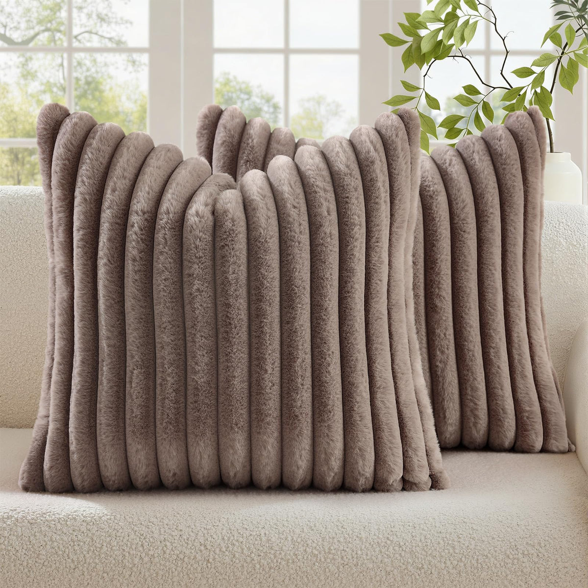 decorUhome Fall Faux Fur Throw Pillow Covers 18x18 Set of 2 Brown White