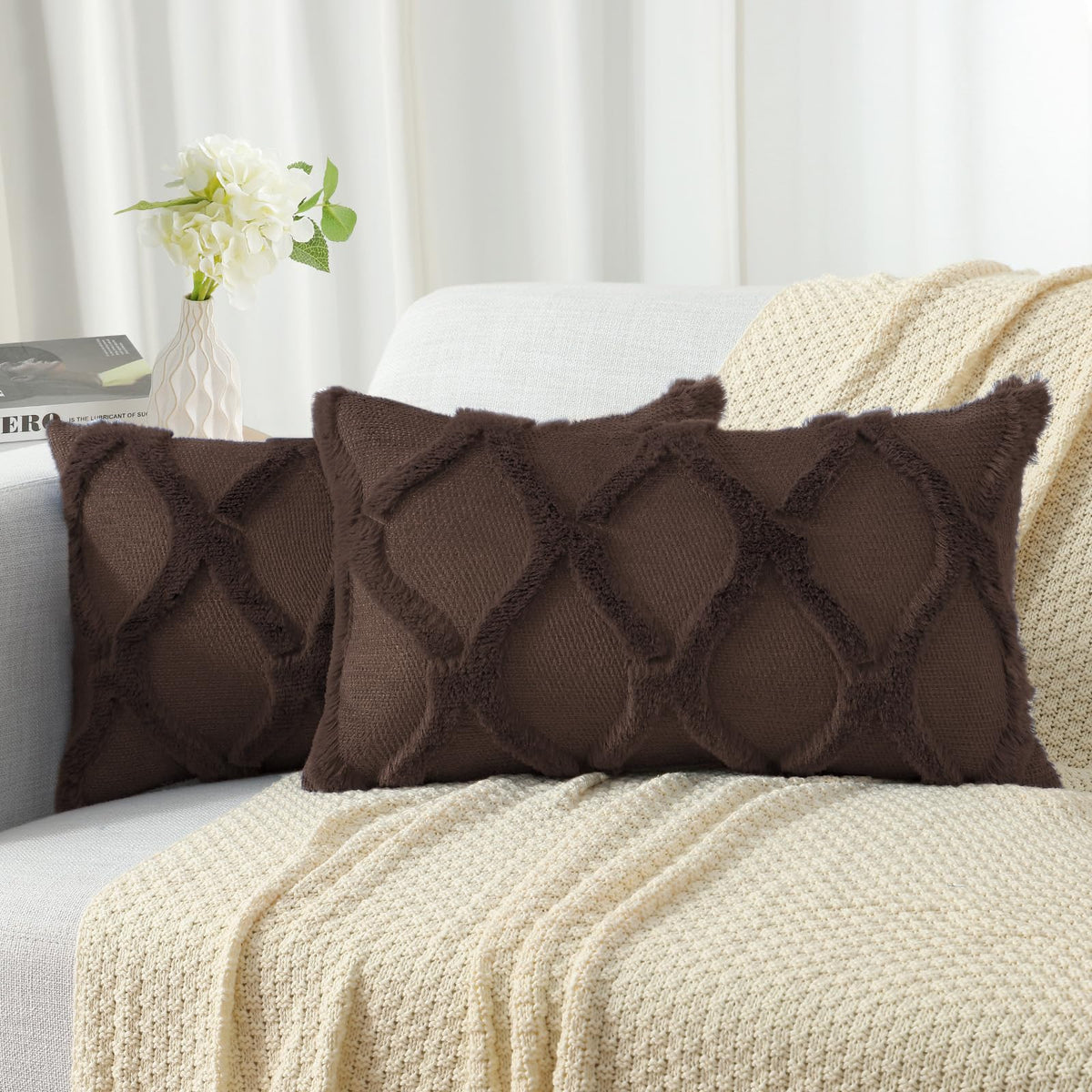 decorUhome Fall Throw Pillow Covers 18x18 Inch Set of 2, Soft Plush Faux Fur Wool Rust Couch Pillow Covers, Decorative Neutral Pillow Cases for Bed Sofa Living Room Home Decor