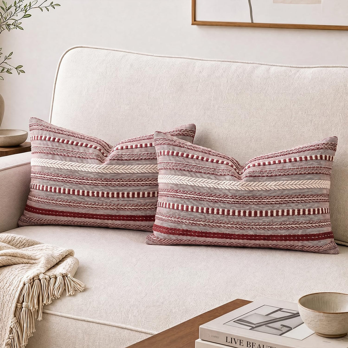 AVOIN colorlife Black Boho Decorative Throw Pillow Covers Set of 2, 18 x 18 Inch Woven Stripe Textured Rustic Cushion Case Home Decor for Living Room Couch Sofa