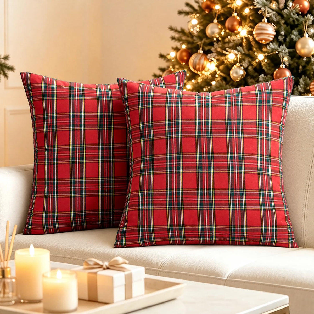 VISIONTEX Christmas Plaid Pillow Covers 18x18 Inch, Green Tartan Set of 2