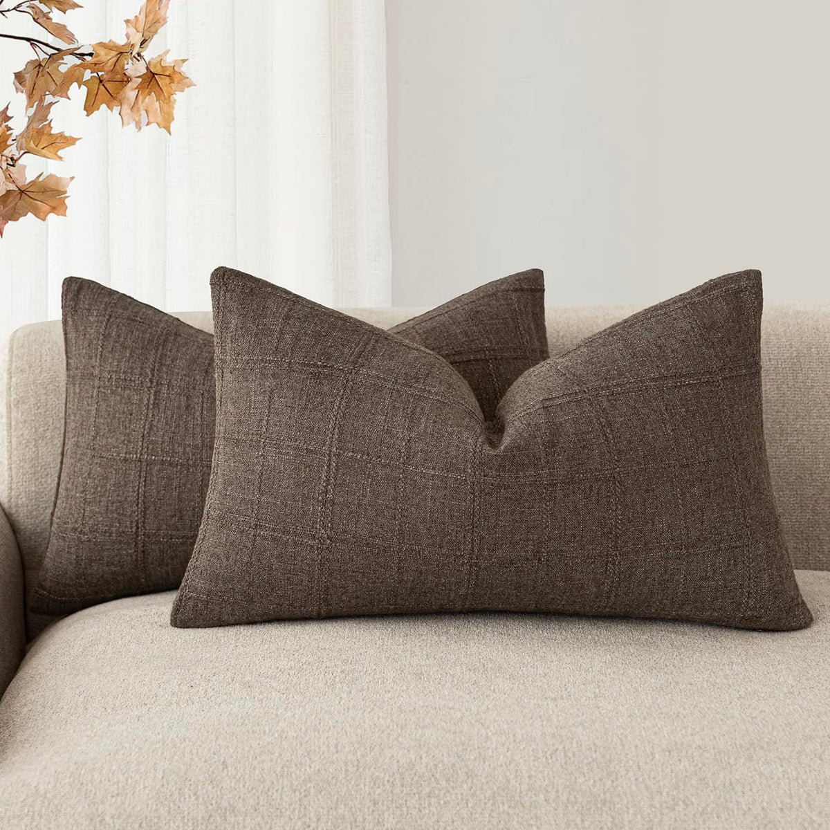 Foindtower Linen Check Decorative Throw Pillow Covers 18×18 Natural Beige