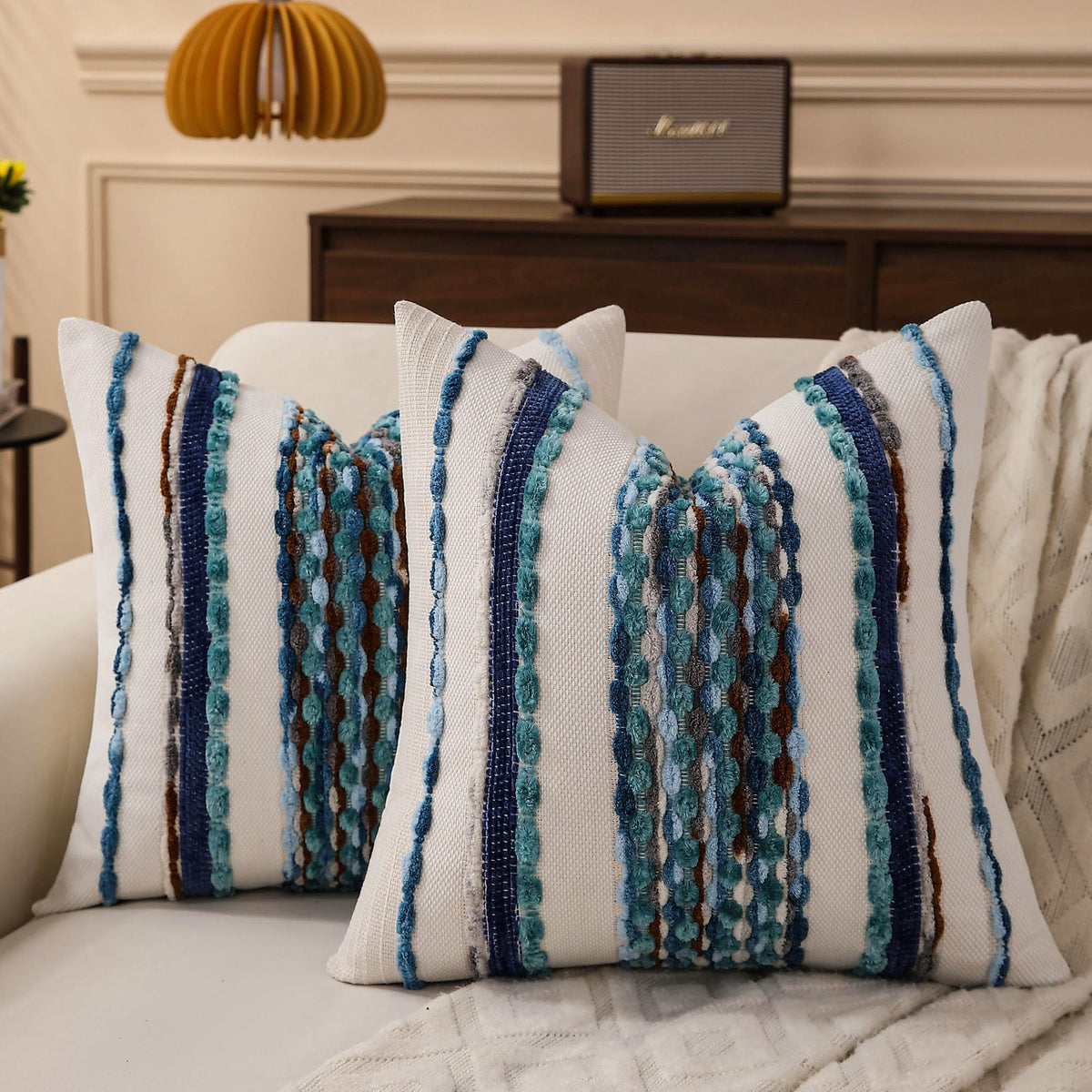 Boho Striped Throw Pillow Covers 18x18 Inch Set of 2 Farmhouse Square Decorative Pillow Covers Chenille Tufted Accent Neutral Pillowcase Grey Blue Cushion Cover for Living Room Couch Sofa Bed