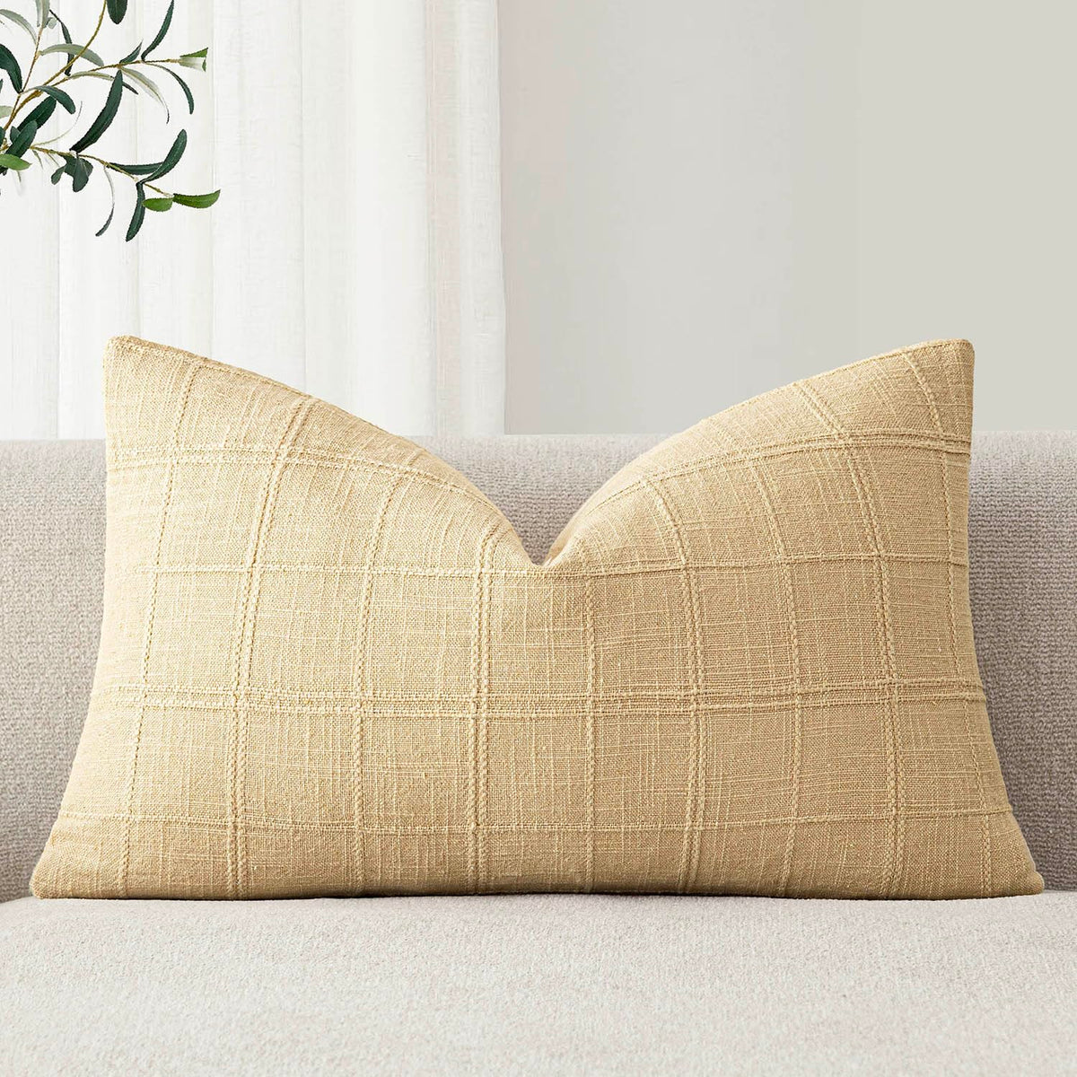 Foindtower Set of 1 Decorative Linen Check Throw Pillow Cover Neutral Farmhouse Lumbar Cushion Cover Modern Boho Home Decor for Sofa Chair Couch Bedroom Living Room,12×20 Inch,Olive Green