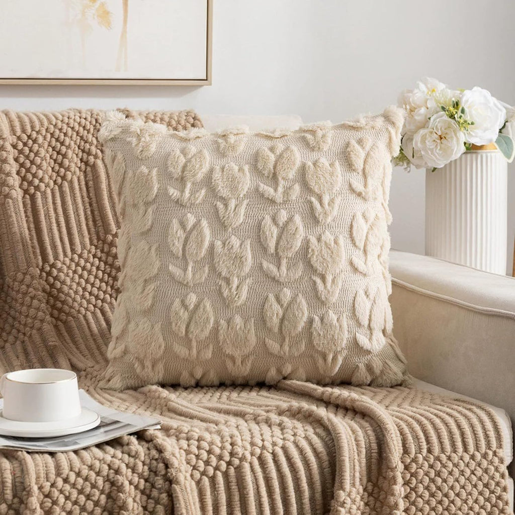 Starella Beige Decorative Pillow Cover 18"x18" Tulip Throw Pillow Cases Plush 2 Pack Cushion Covers for Couch Sofa Chair Home Living Bed Room Decor