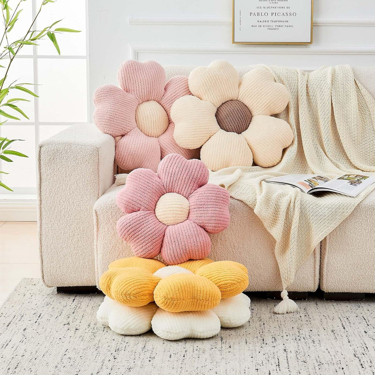 Kcvvcr Flower Throw Pillow, Cute Flower Shaped Pillow Decorative Throw Pillow for Bed Couch, Soft Daisy Pillows Floor Seating Cushion Cushions (14.9 Inch Ivory+Brown)